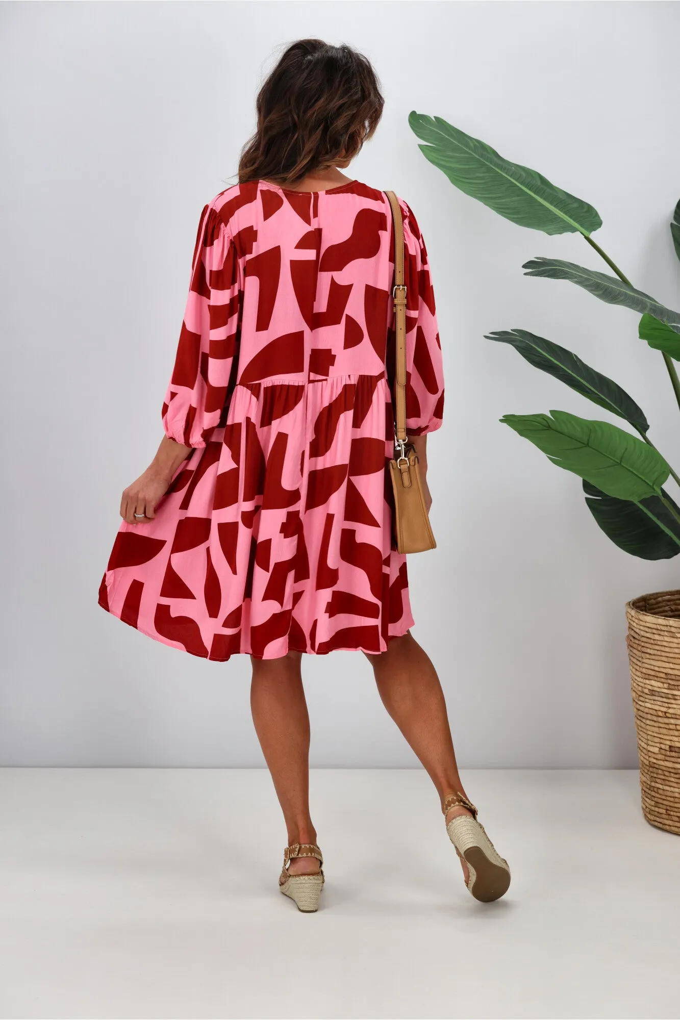 Fria Freya Tiered Dress Pink Geo Print