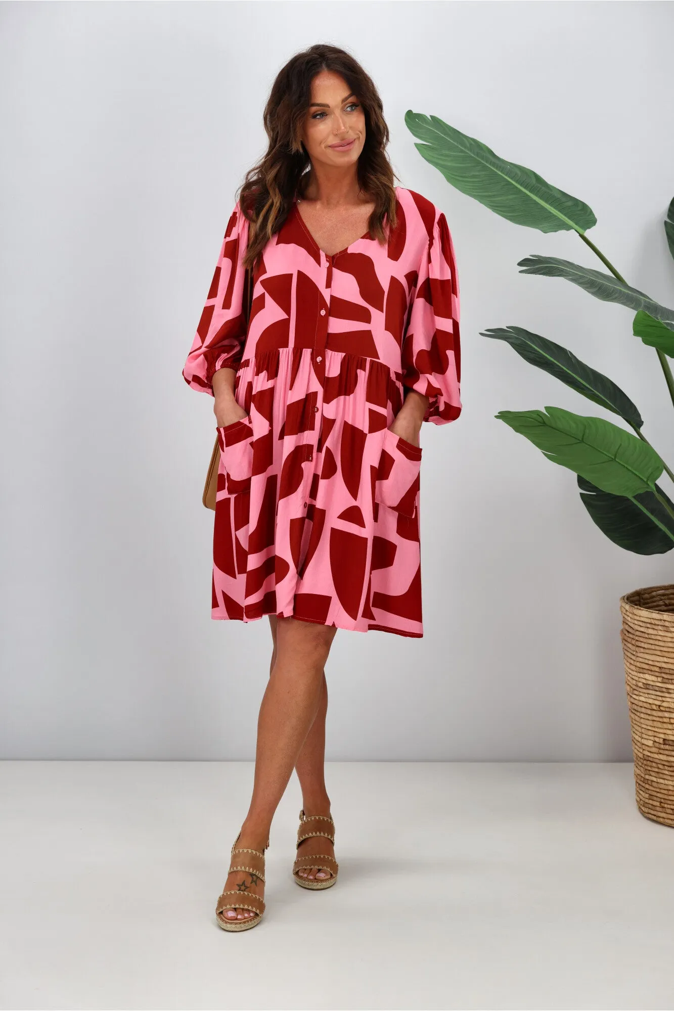 Fria Freya Tiered Dress Pink Geo Print