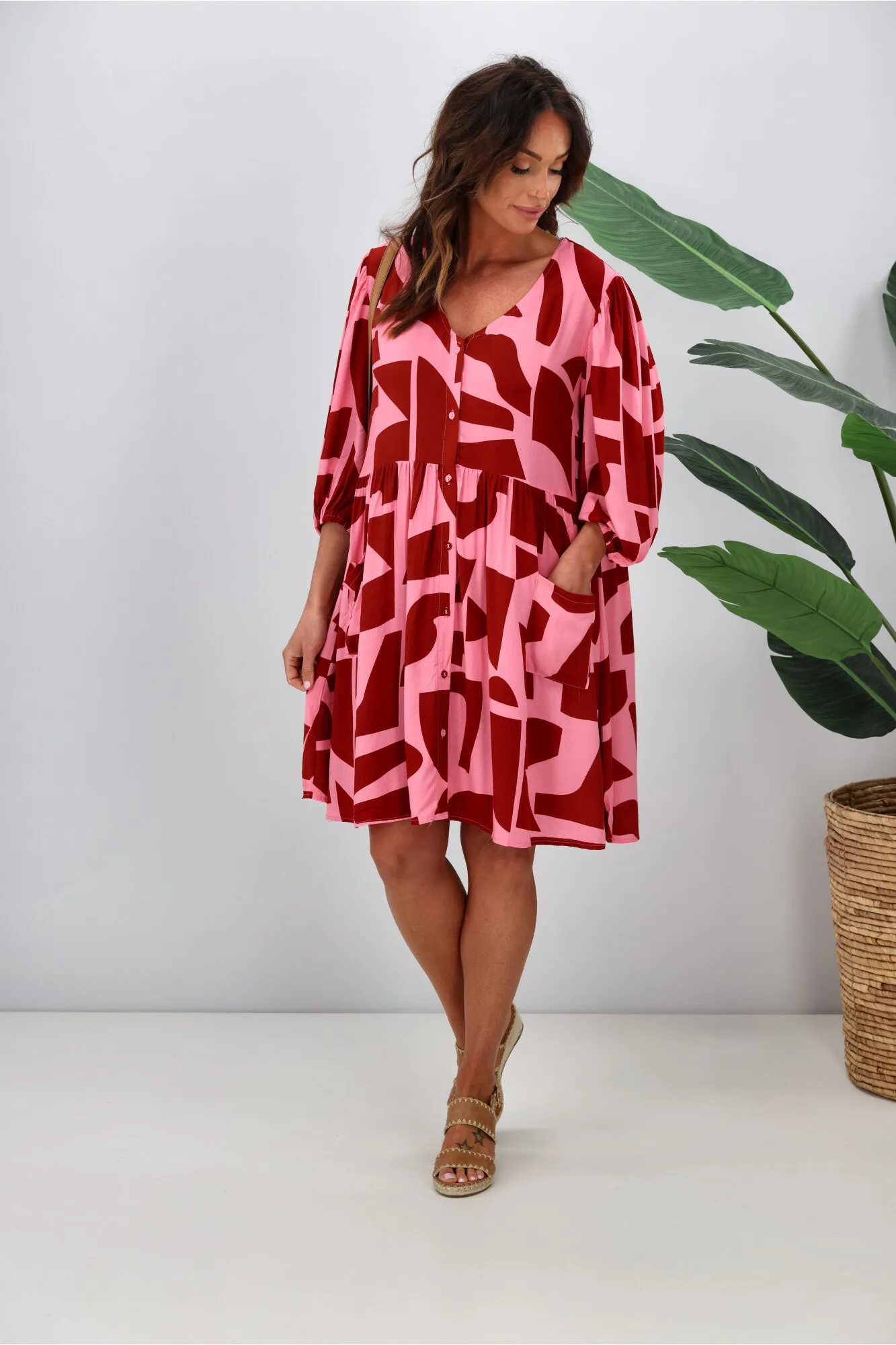 Fria Freya Tiered Dress Pink Geo Print