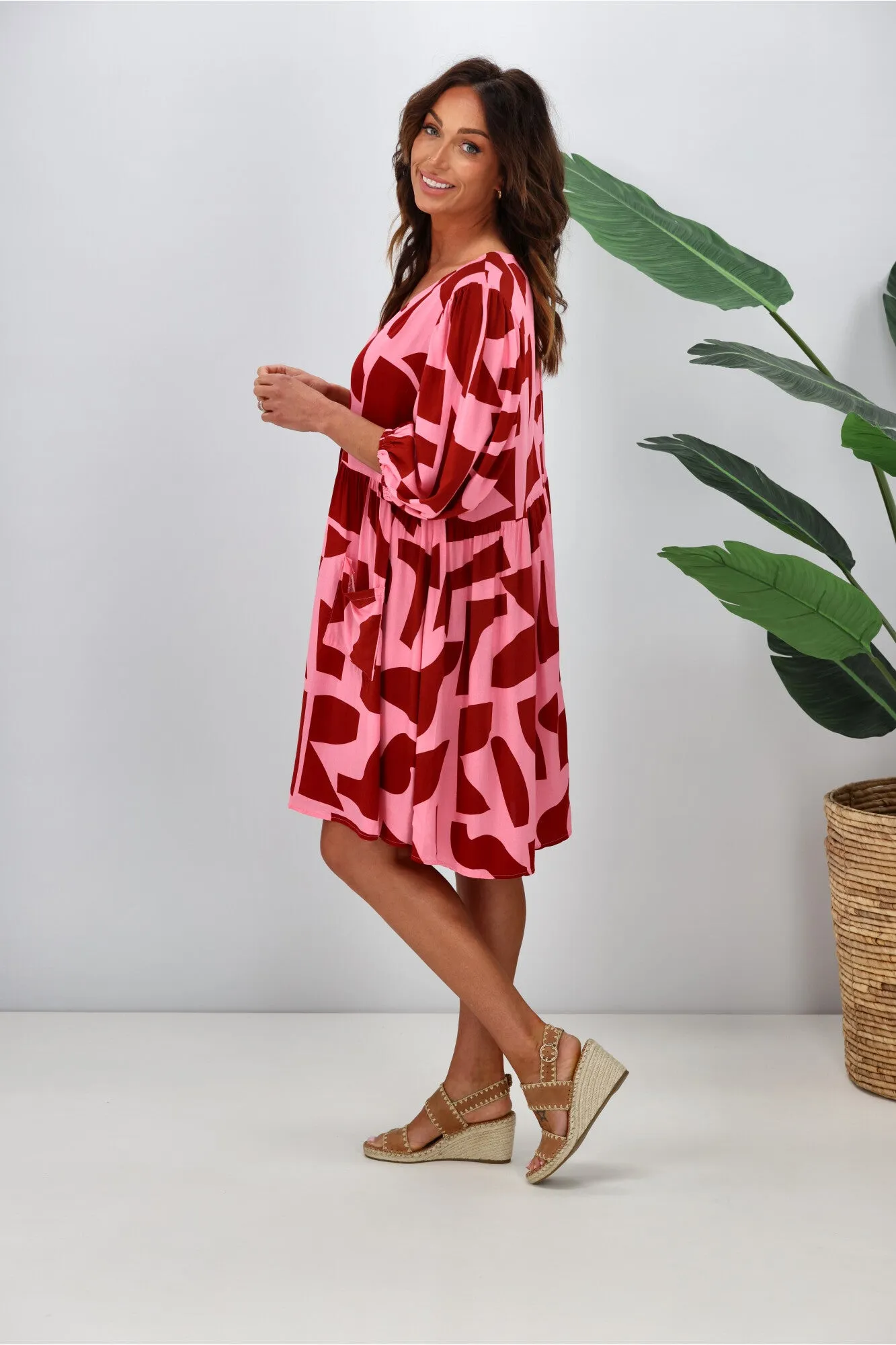 Fria Freya Tiered Dress Pink Geo Print