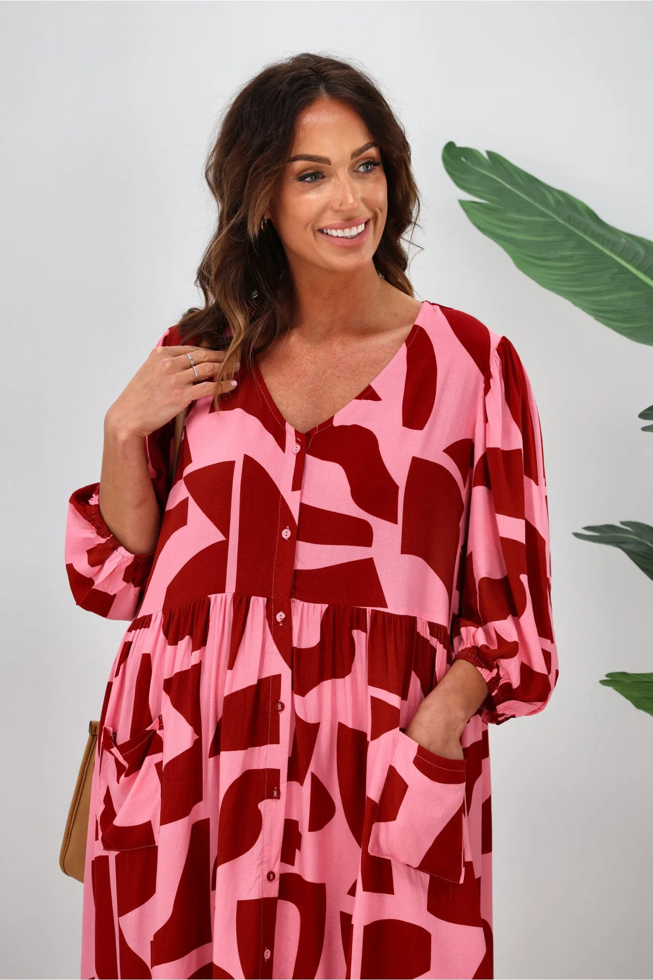 Fria Freya Tiered Dress Pink Geo Print