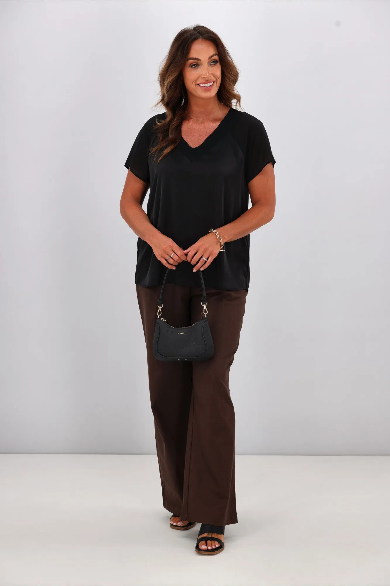 Gloss by Shine On Christina V Neck Satin Top Black
