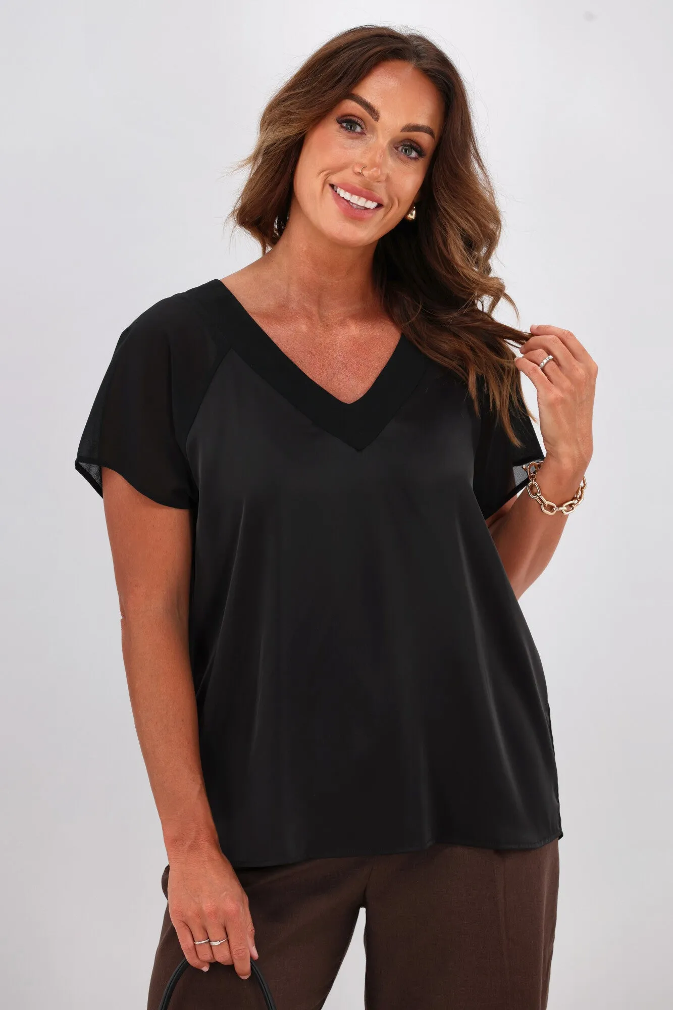 Gloss by Shine On Christina V Neck Satin Top Black