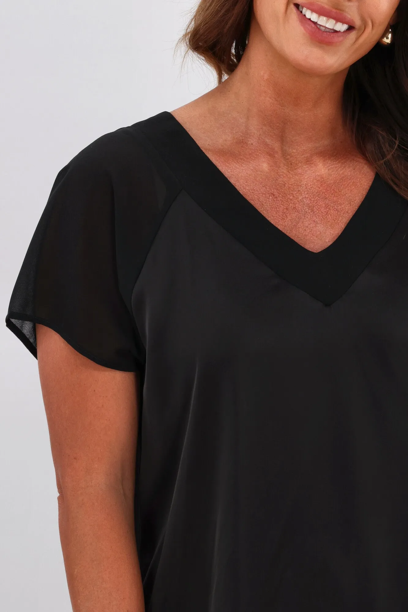 Gloss by Shine On Christina V Neck Satin Top Black