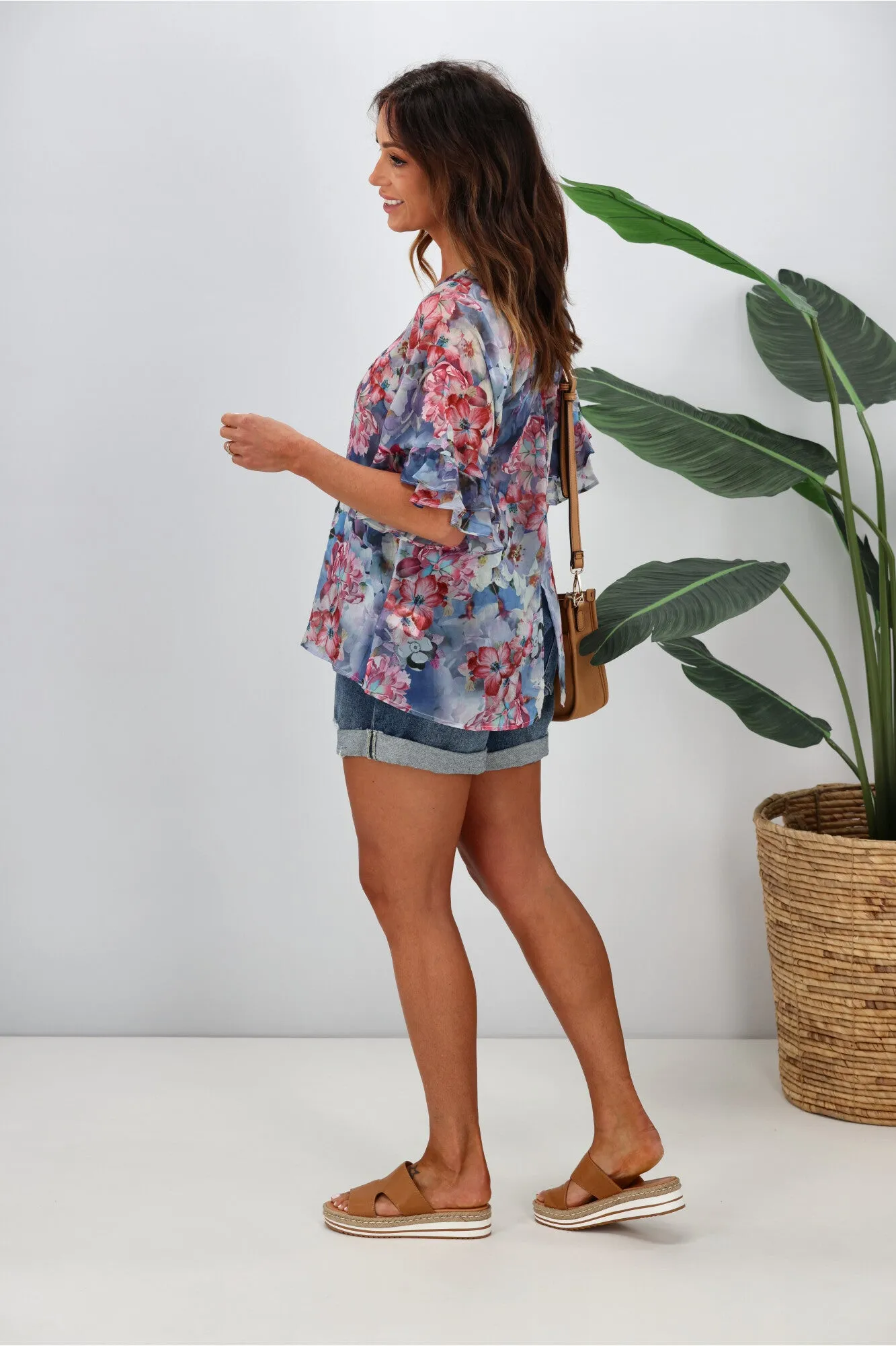 Gloss by Shine On Harper Frill Sleeve Top Blue Watercolour Floral