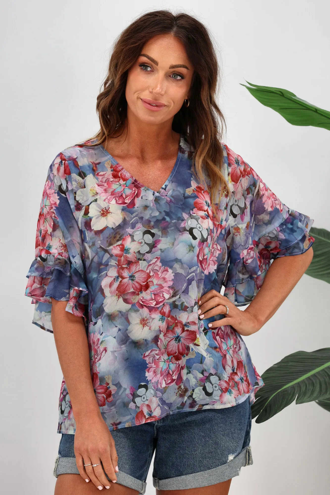 Gloss by Shine On Harper Frill Sleeve Top Blue Watercolour Floral