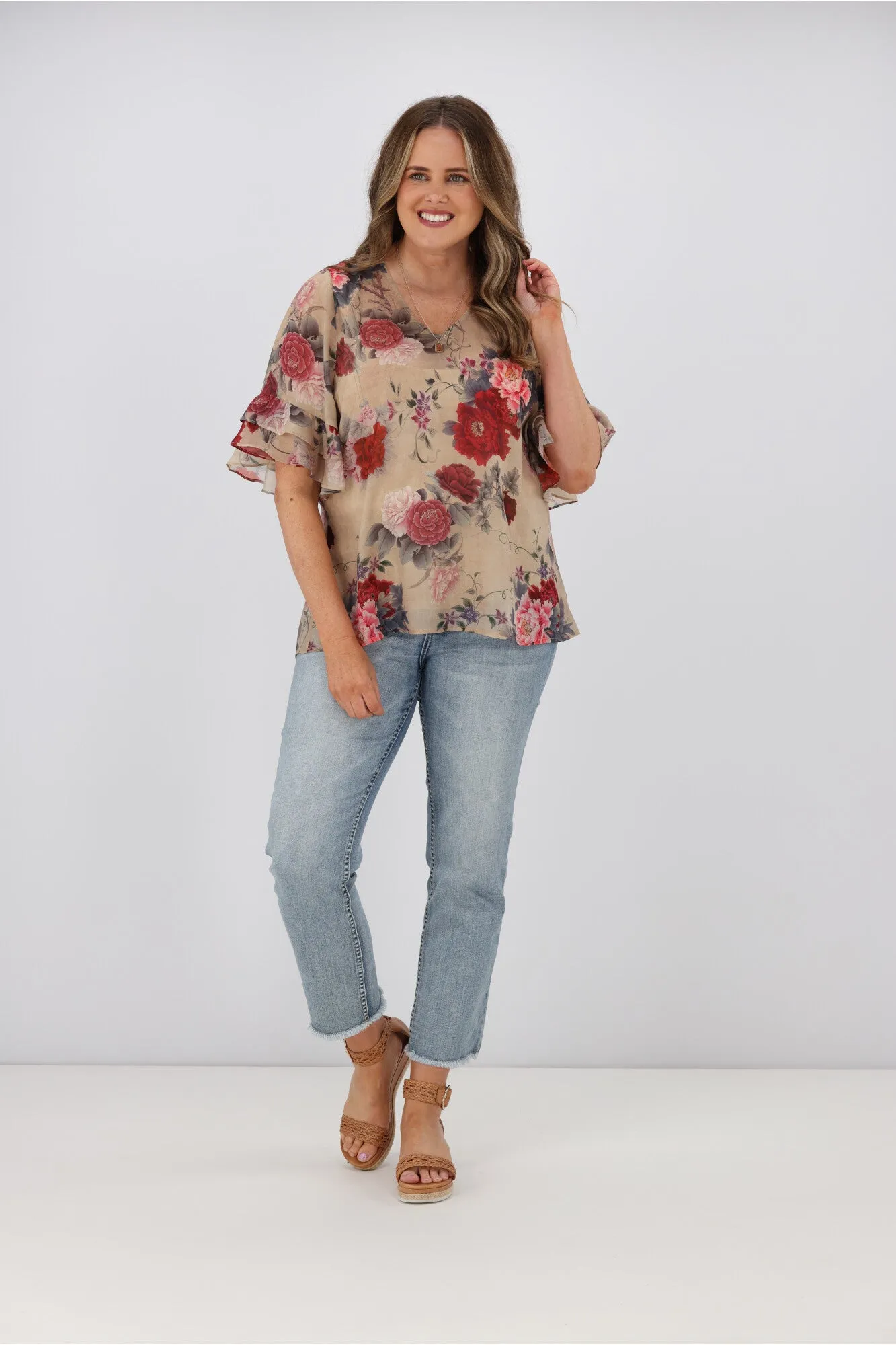 Gloss by Shine On Harper Frill Sleeve Top Oriental Print