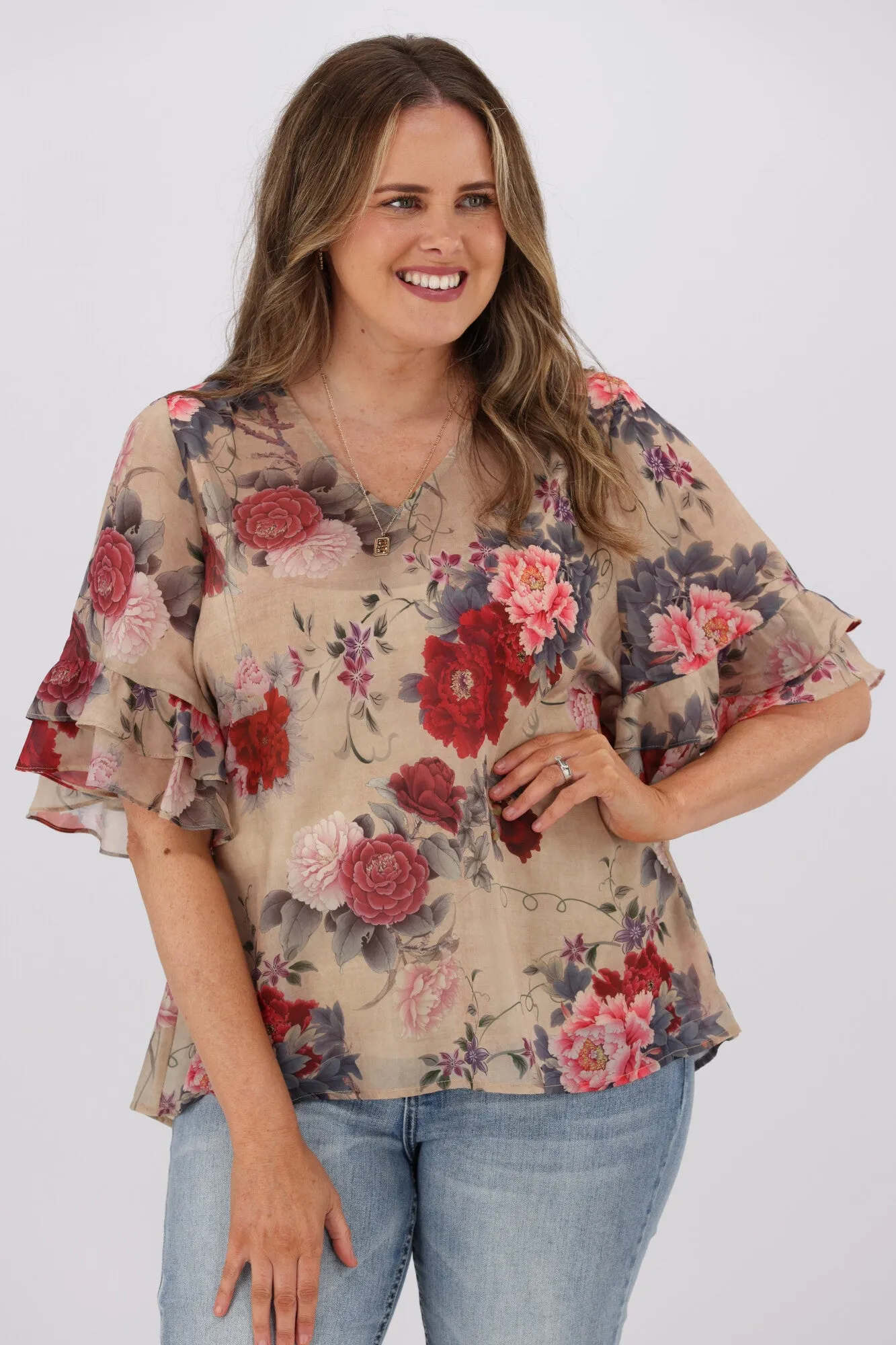 Gloss by Shine On Harper Frill Sleeve Top Oriental Print