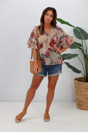 Gloss by Shine On Harper Frill Sleeve Top Oriental Print
