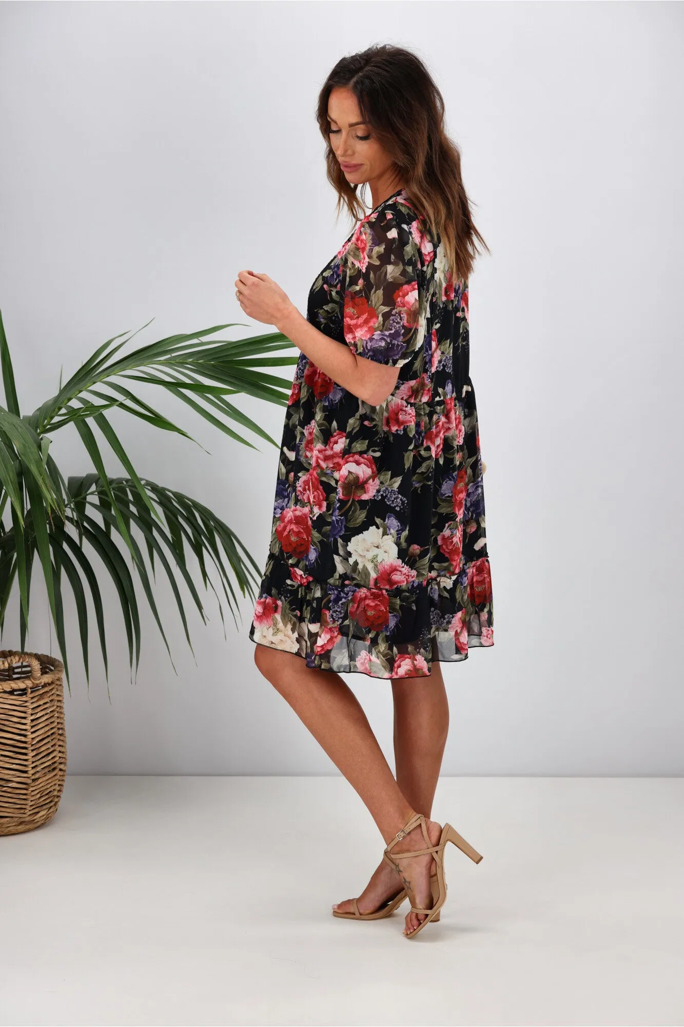 Gloss by Shine On Kelly Shirred Front Dress Black Floral