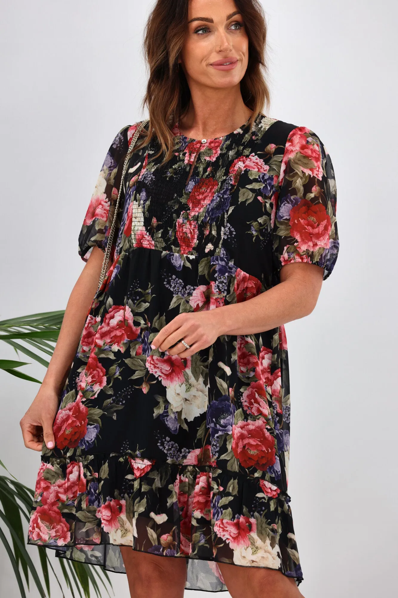 Gloss by Shine On Kelly Shirred Front Dress Black Floral