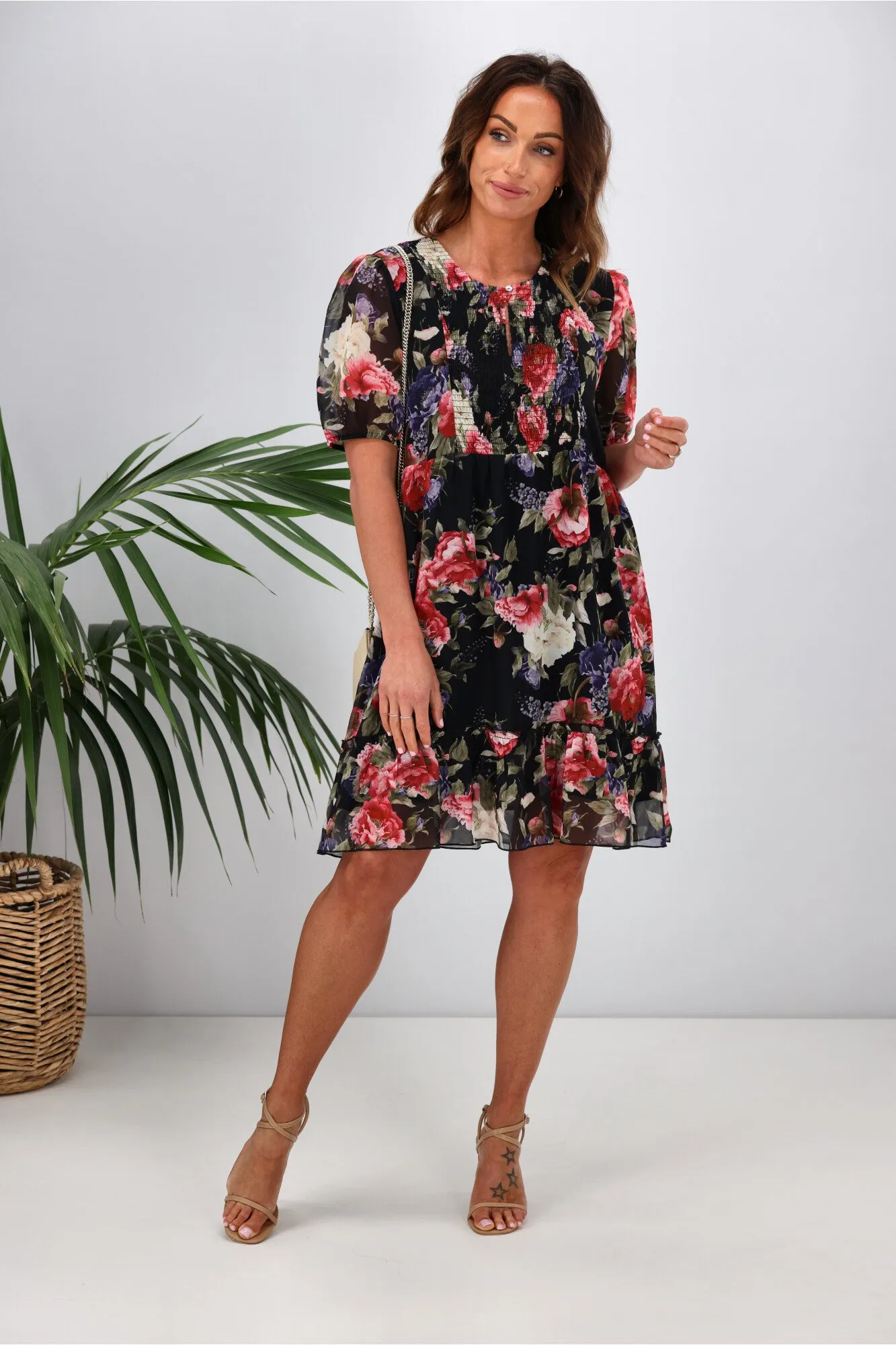Gloss by Shine On Kelly Shirred Front Dress Black Floral