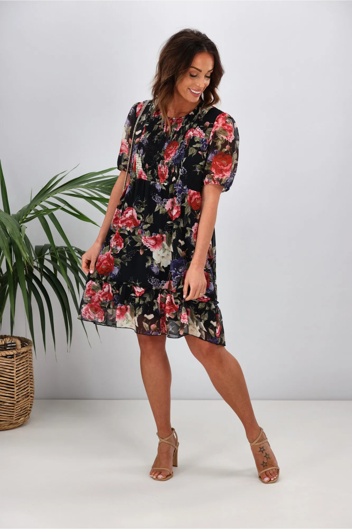 Gloss by Shine On Kelly Shirred Front Dress Black Floral