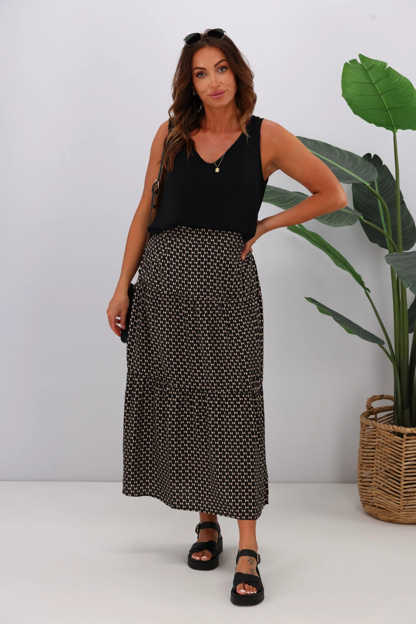 Gloss by Shine On Lucerne Tiered Maxi Skirt Black Natural Geo