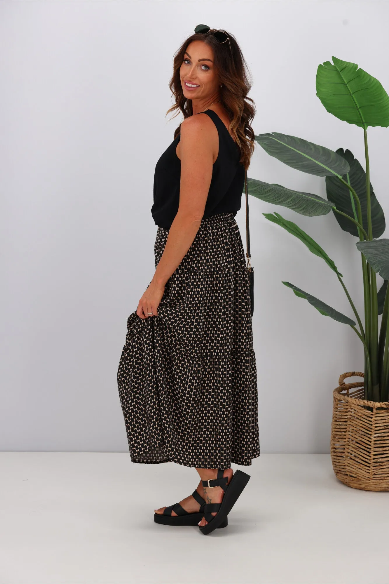 Gloss by Shine On Lucerne Tiered Maxi Skirt Black Natural Geo