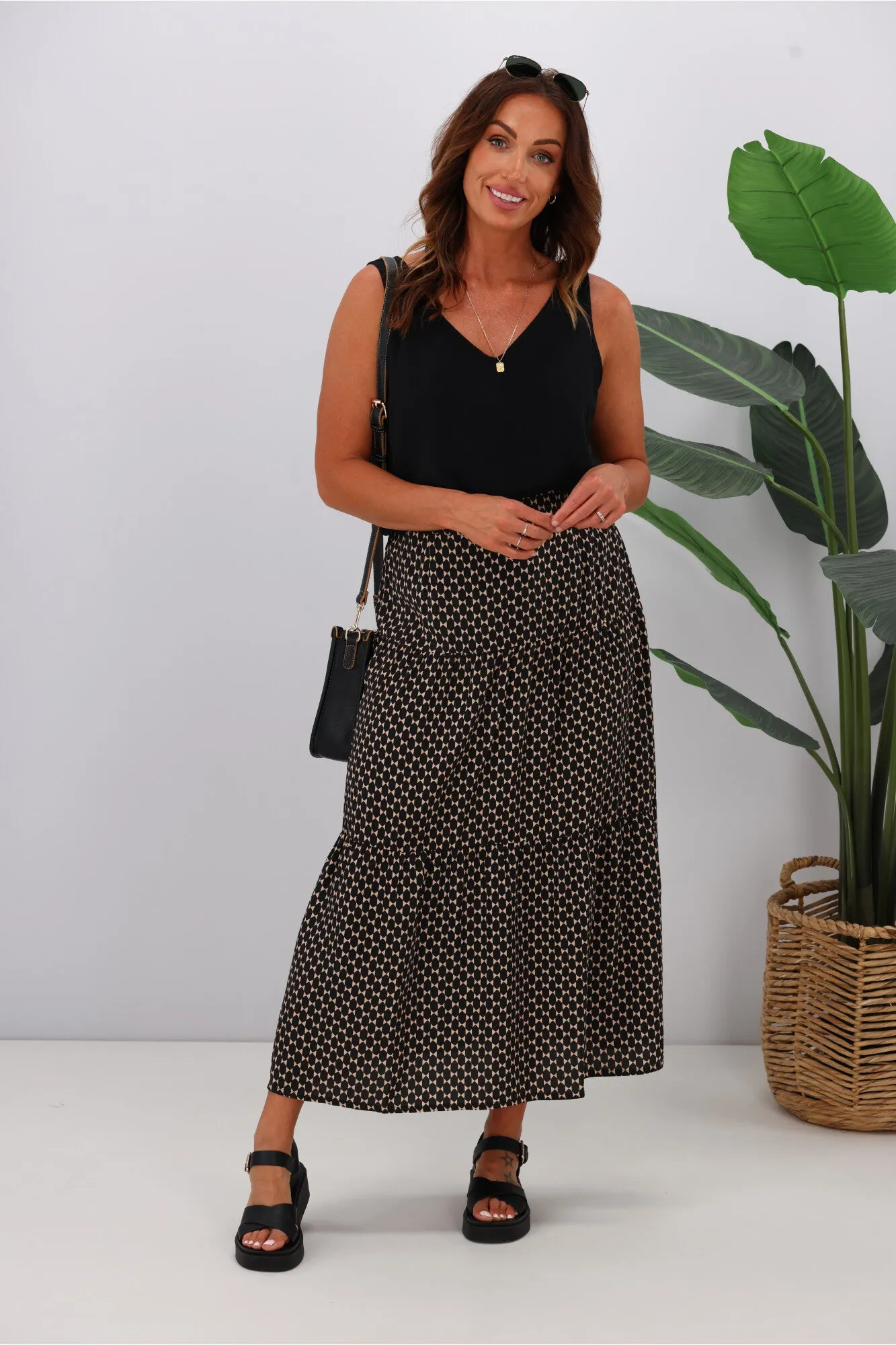 Gloss by Shine On Lucerne Tiered Maxi Skirt Black Natural Geo