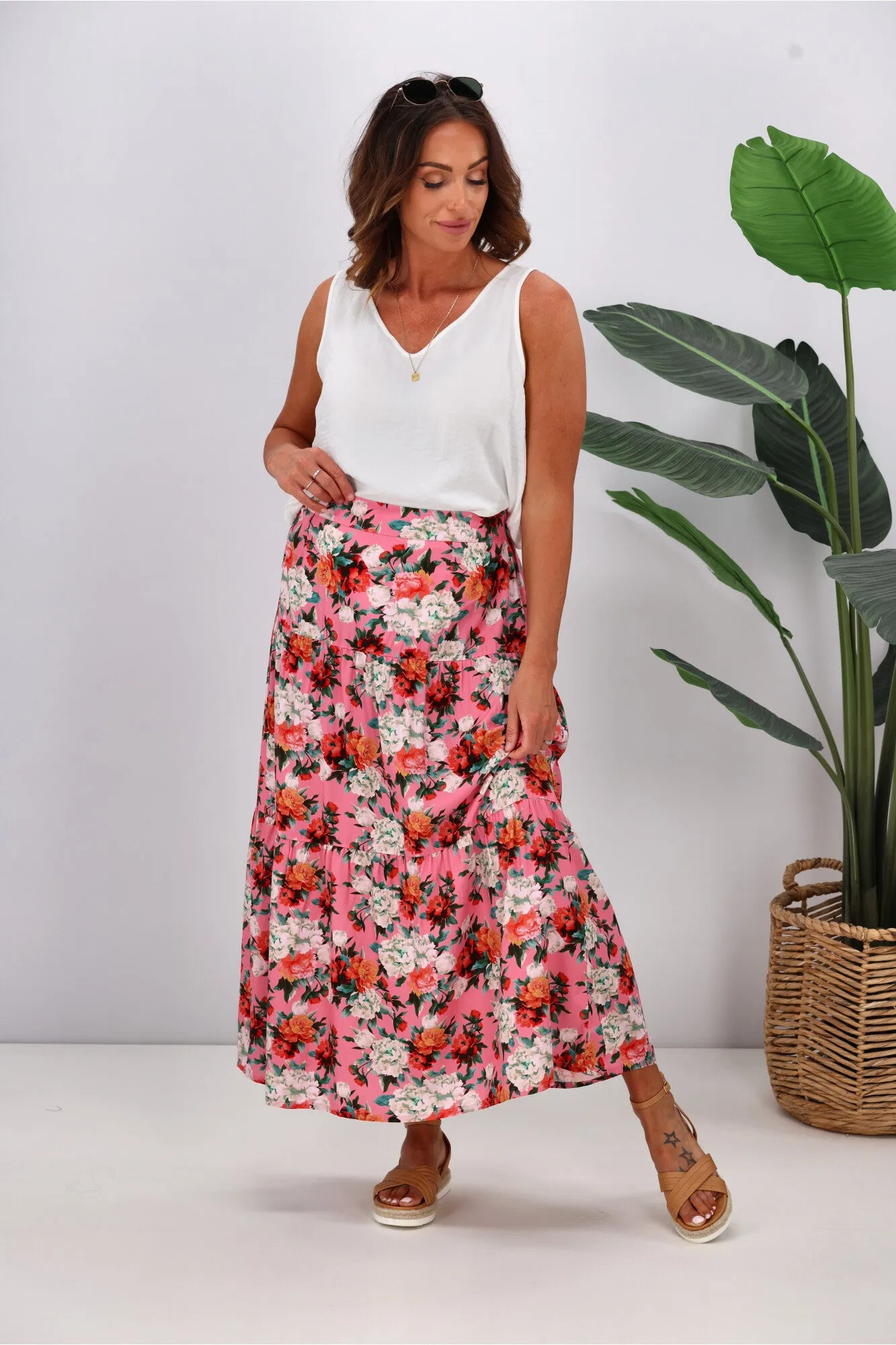 Gloss by Shine On Lucerne Tiered Maxi Skirt Pink Floral