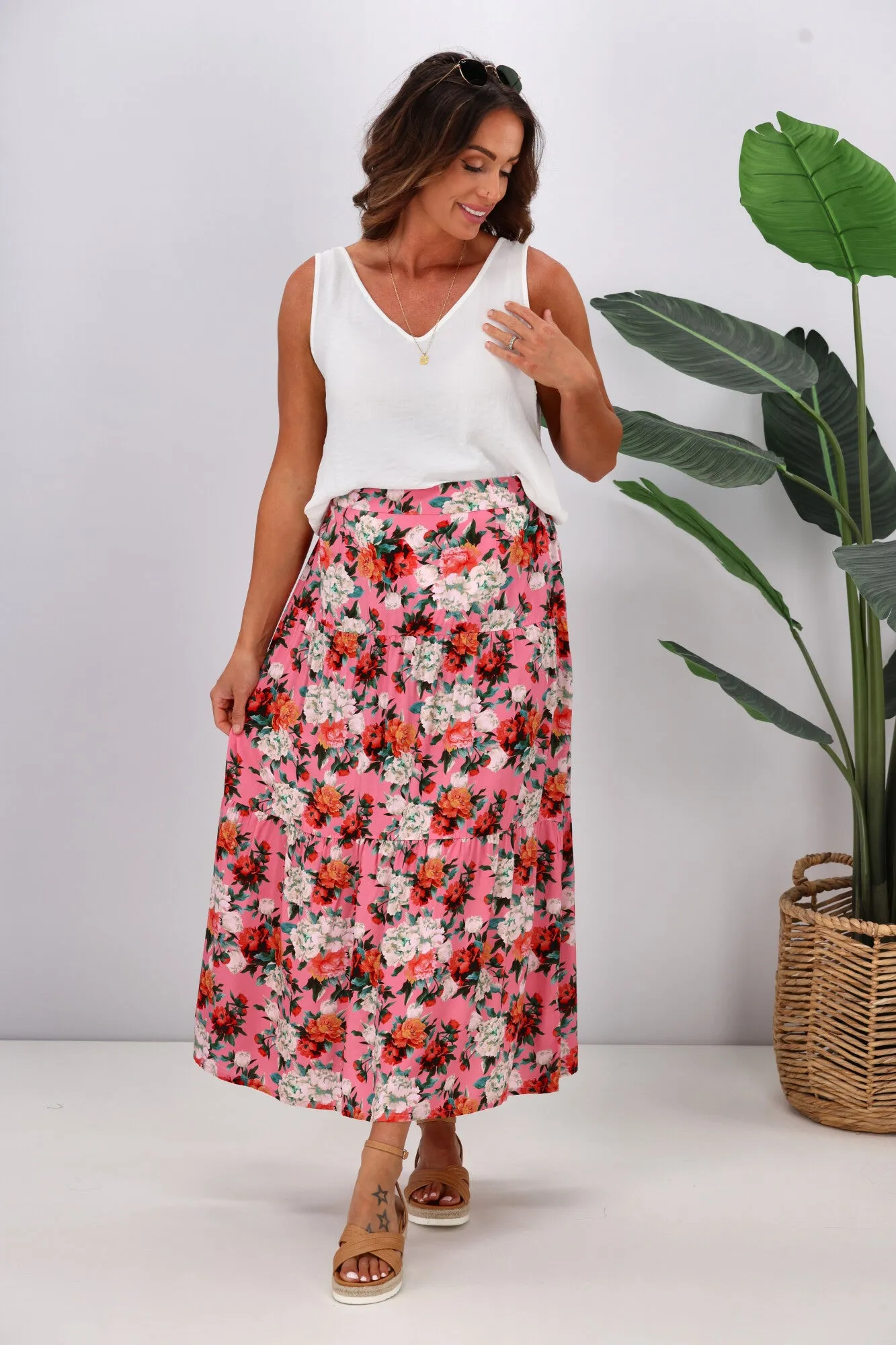 Gloss by Shine On Lucerne Tiered Maxi Skirt Pink Floral
