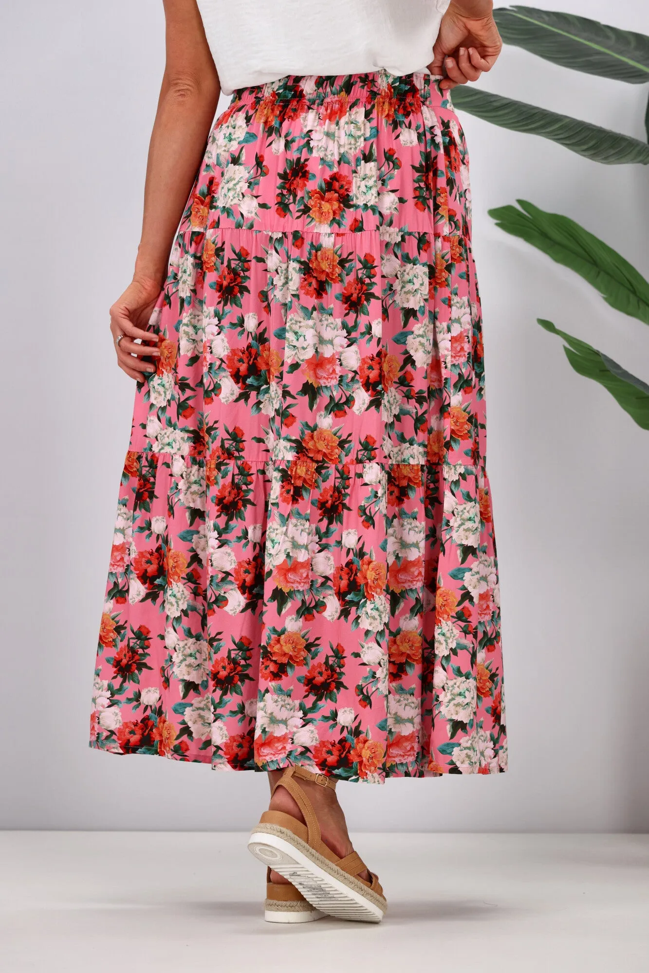 Gloss by Shine On Lucerne Tiered Maxi Skirt Pink Floral