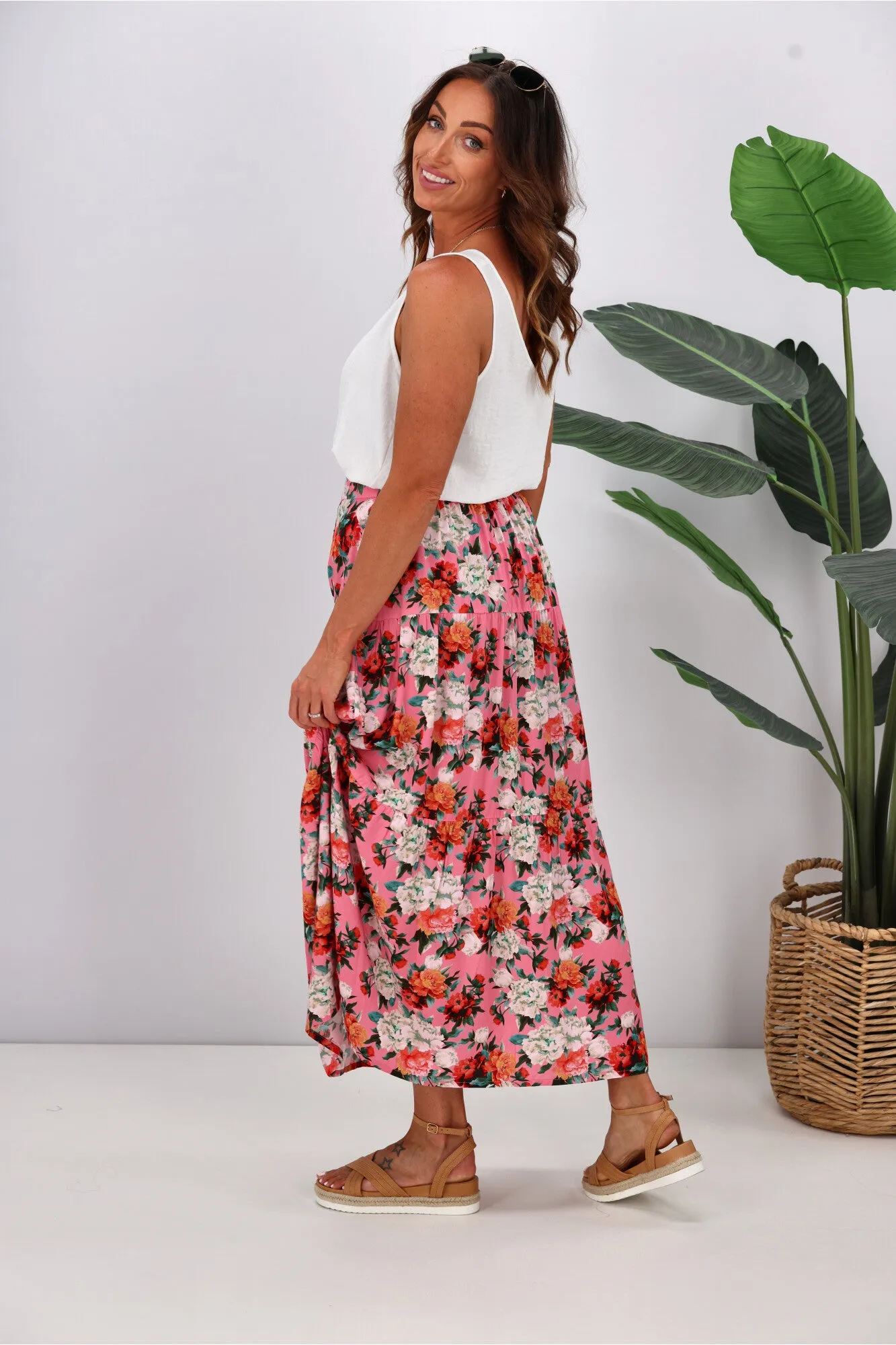 Gloss by Shine On Lucerne Tiered Maxi Skirt Pink Floral
