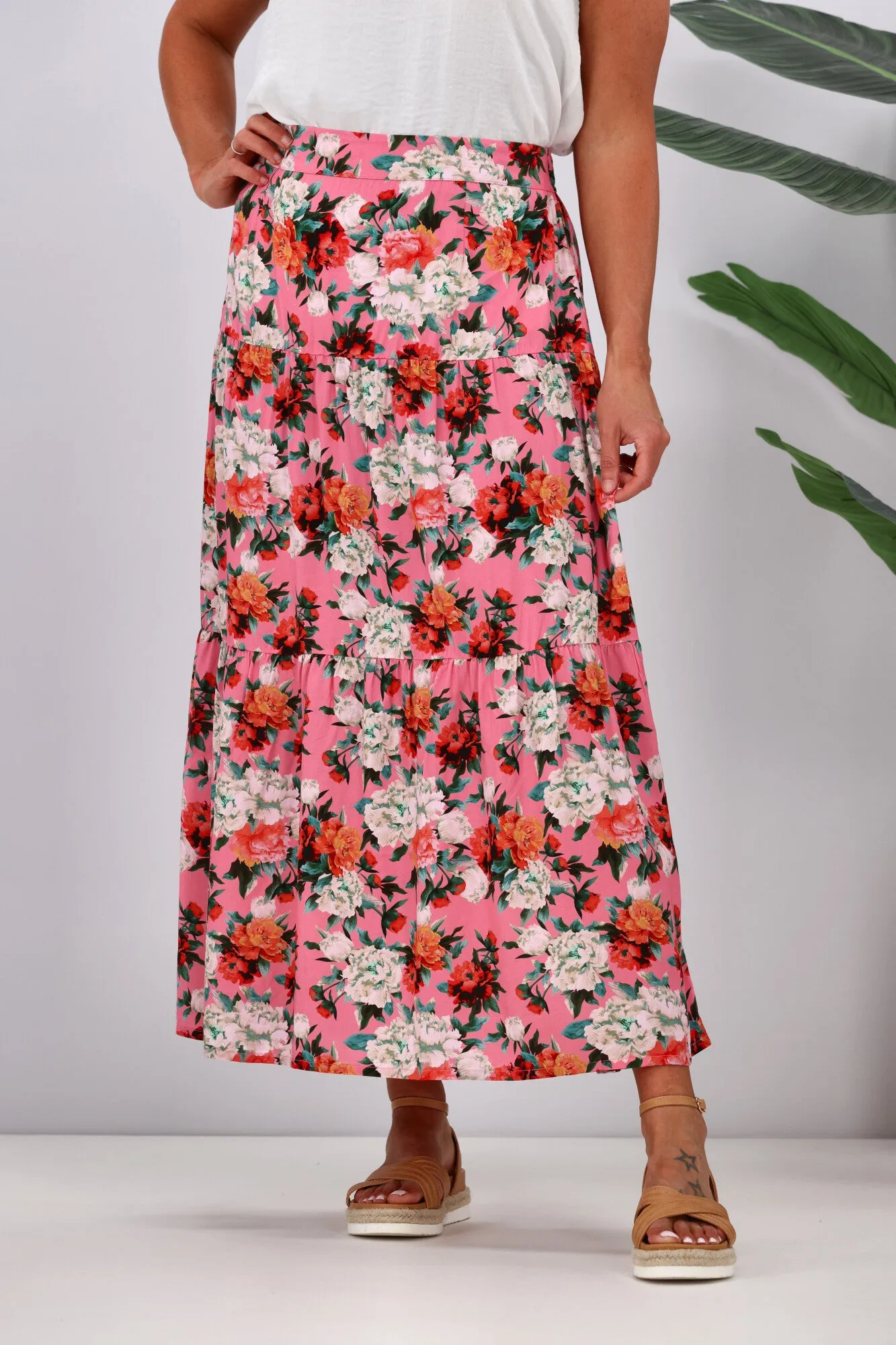 Gloss by Shine On Lucerne Tiered Maxi Skirt Pink Floral
