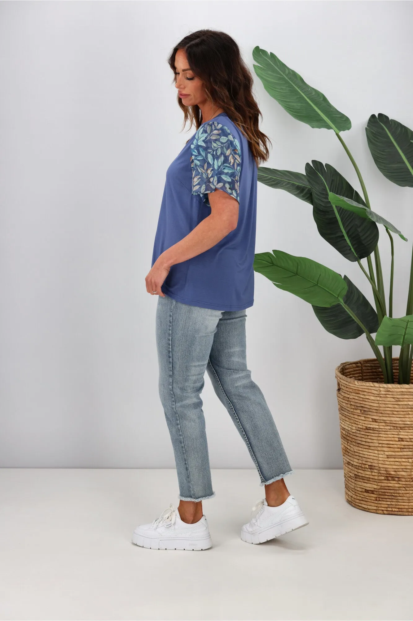 Gloss by Shine On Millen Contrast Sleeve Top  Midnight Leaf Print