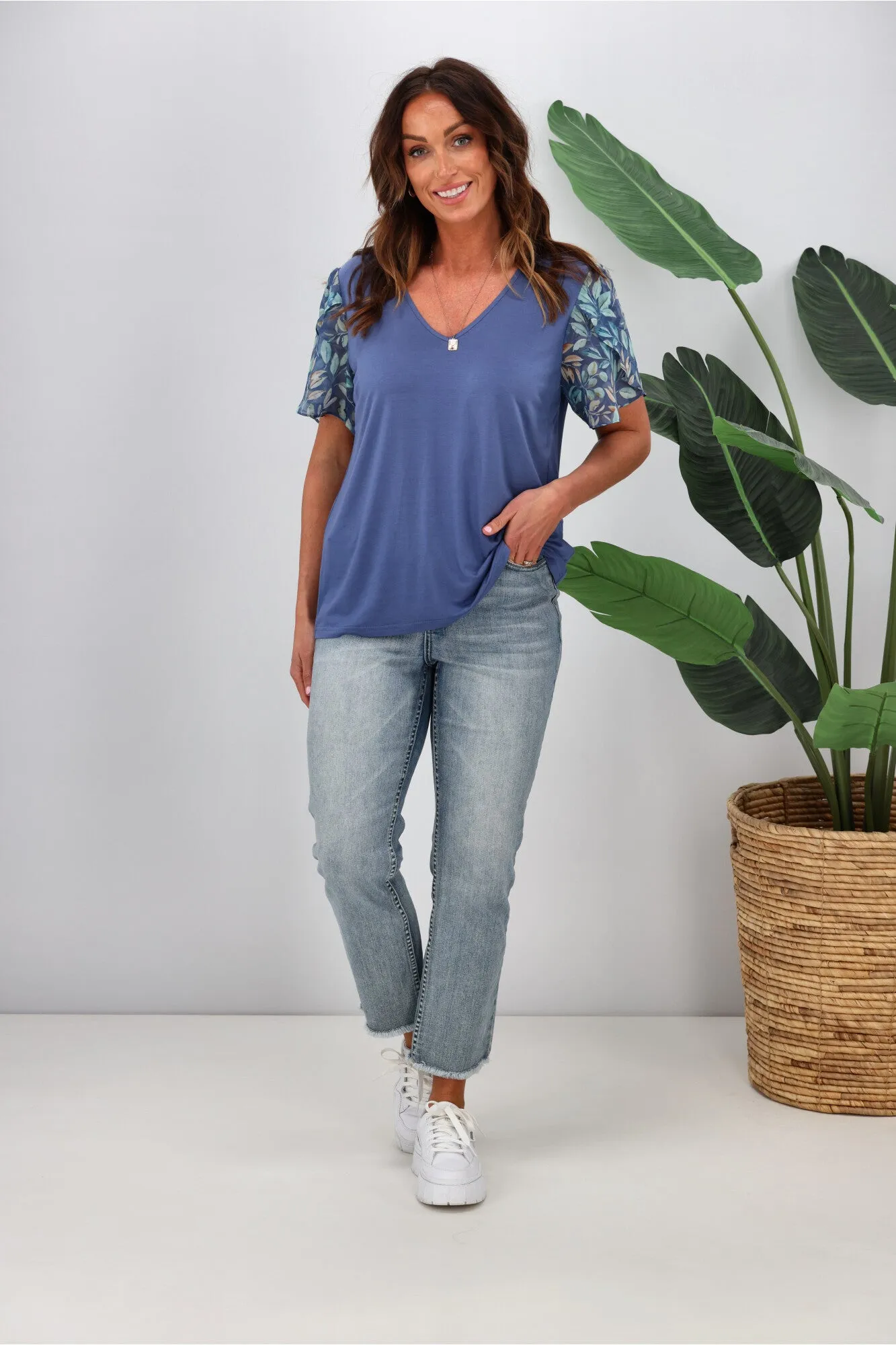 Gloss by Shine On Millen Contrast Sleeve Top  Midnight Leaf Print