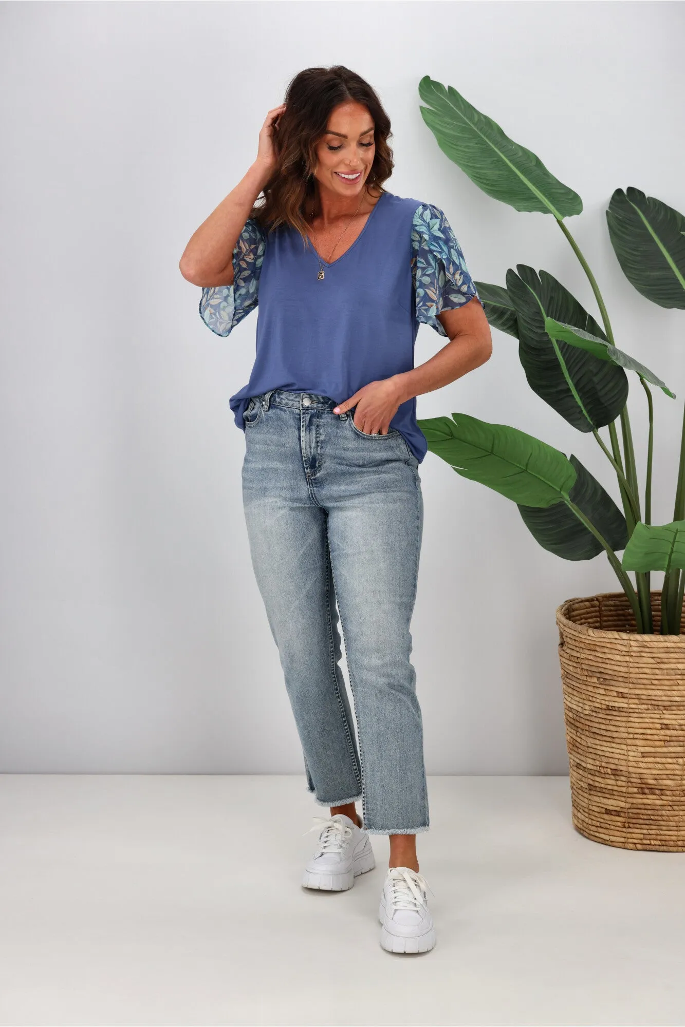 Gloss by Shine On Millen Contrast Sleeve Top  Midnight Leaf Print