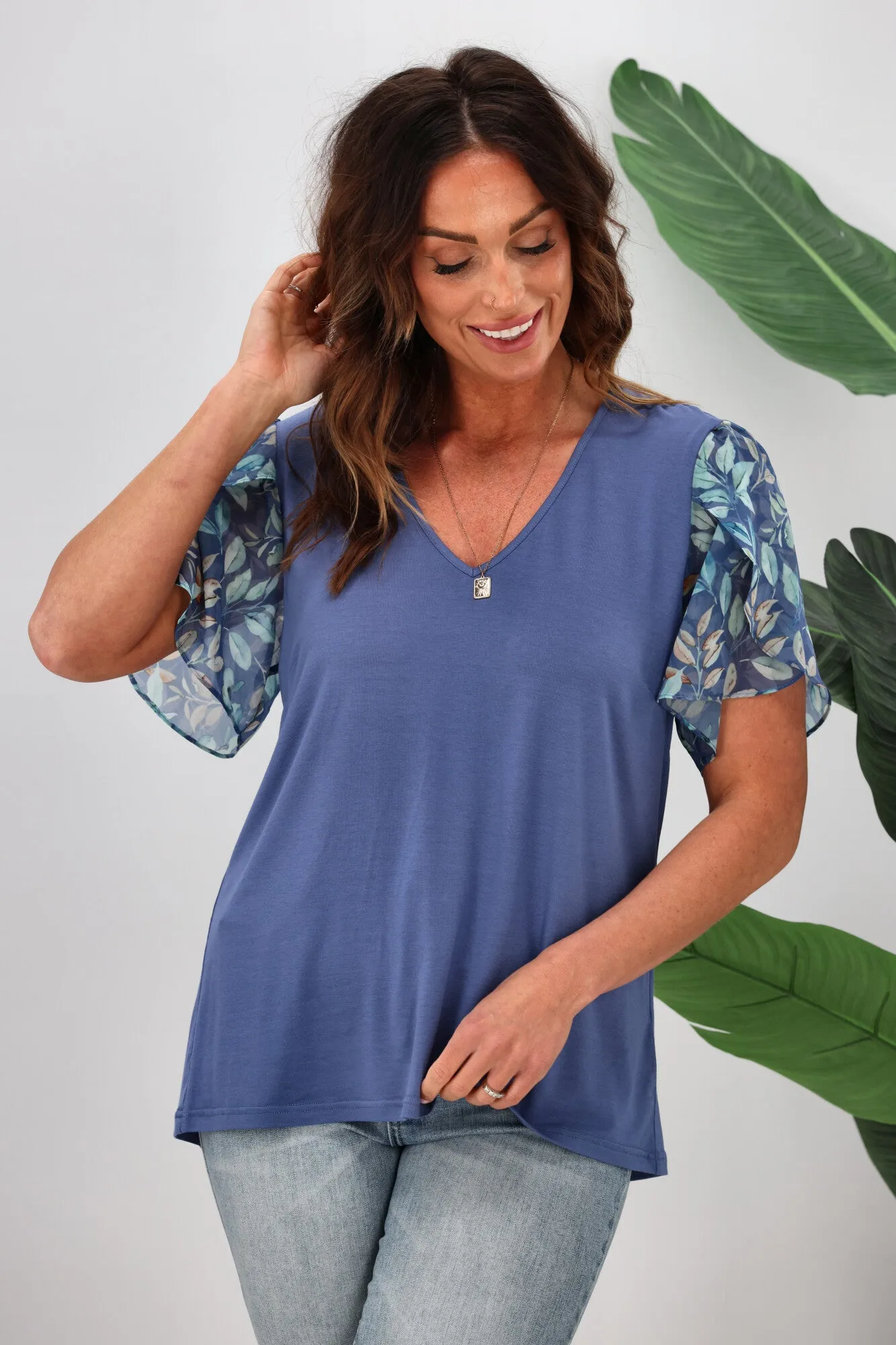 Gloss by Shine On Millen Contrast Sleeve Top  Midnight Leaf Print