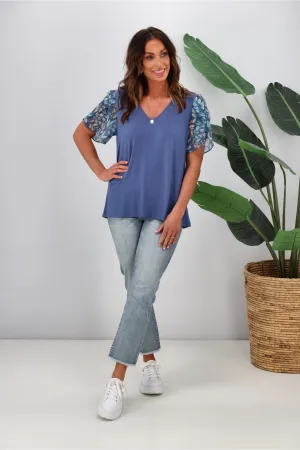 Gloss by Shine On Millen Contrast Sleeve Top  Midnight Leaf Print