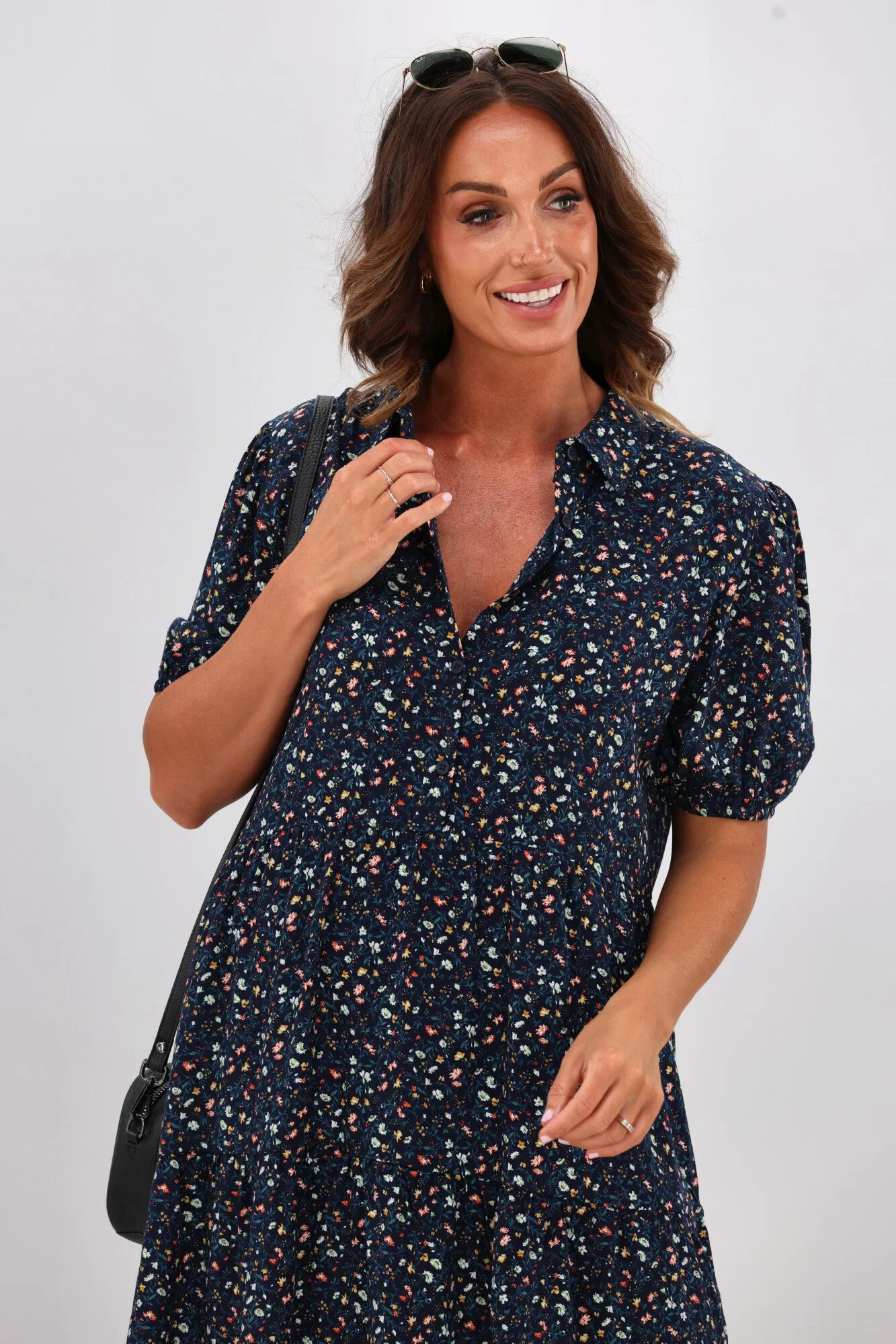 Gloss by Shine On Rebe Button Front Dress Black Ditsy
