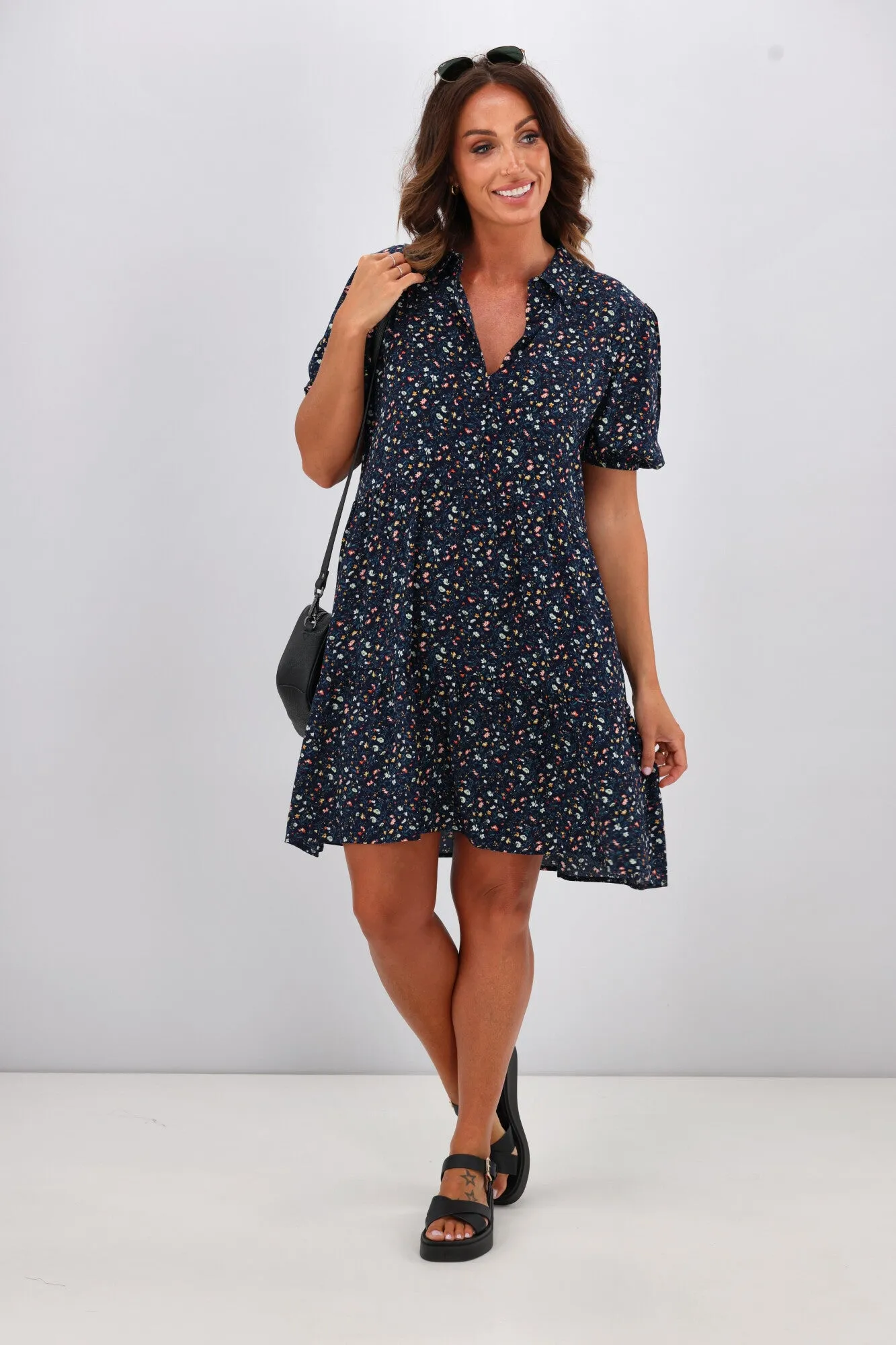 Gloss by Shine On Rebe Button Front Dress Black Ditsy