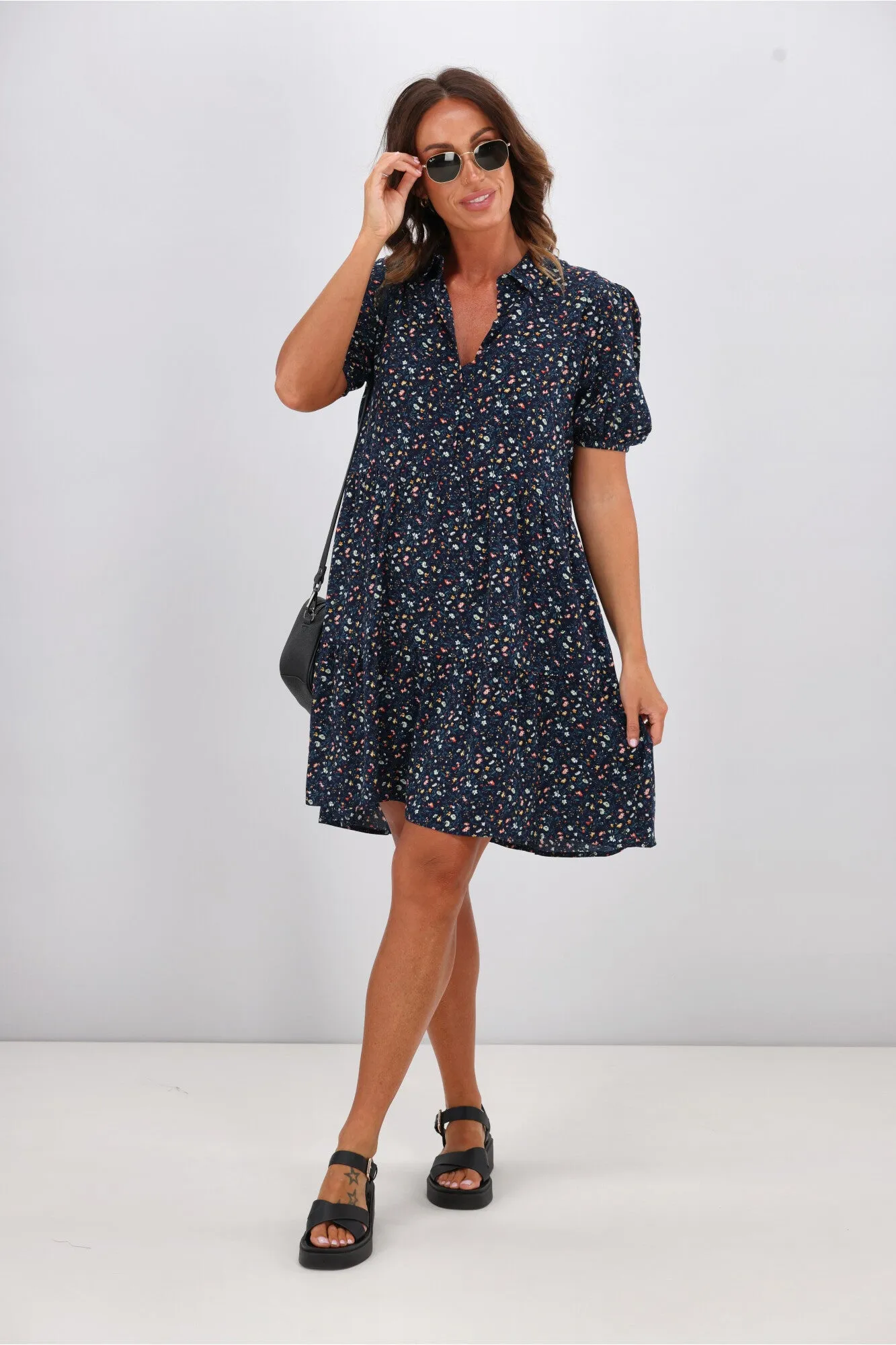 Gloss by Shine On Rebe Button Front Dress Black Ditsy
