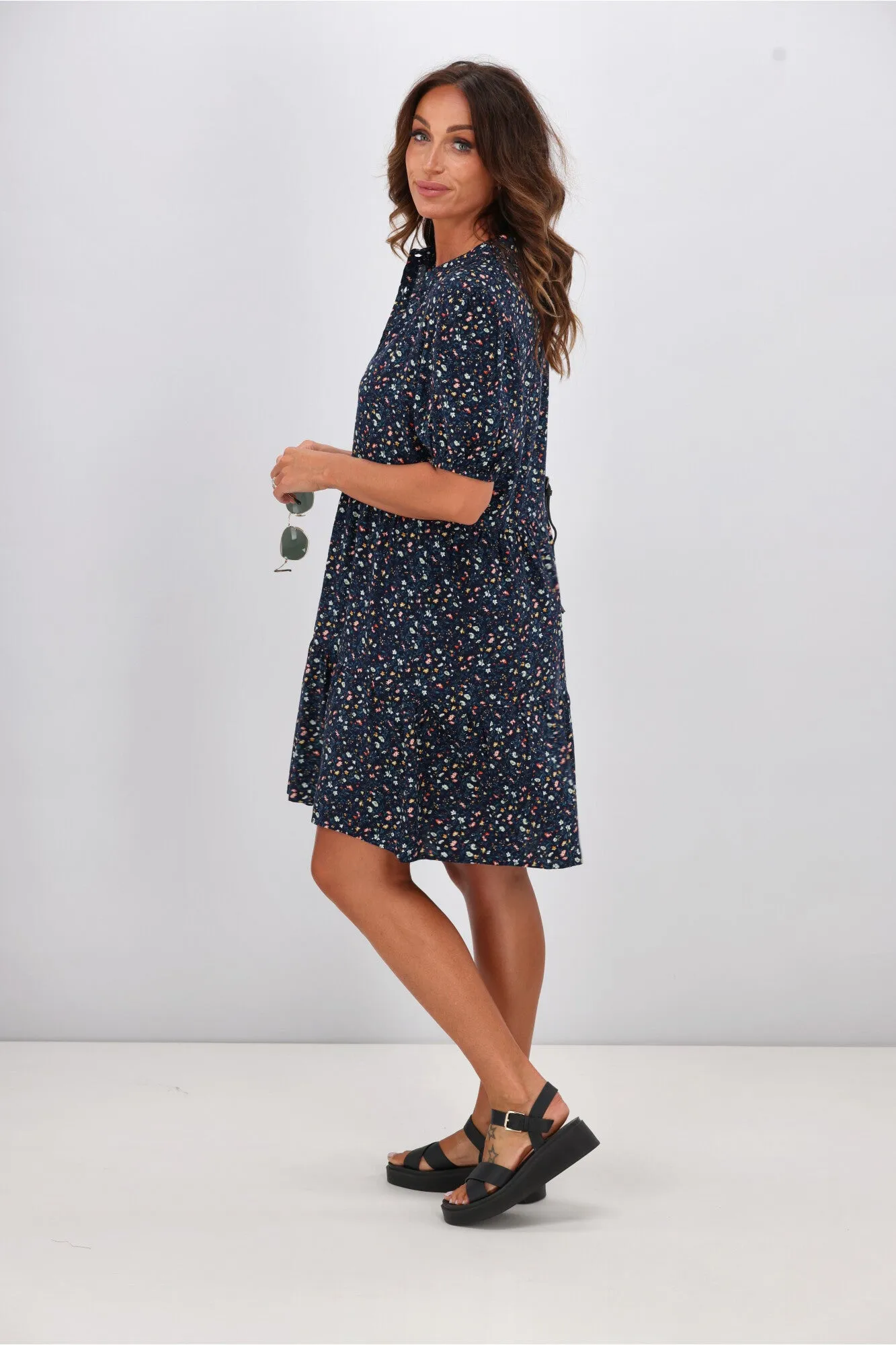 Gloss by Shine On Rebe Button Front Dress Black Ditsy
