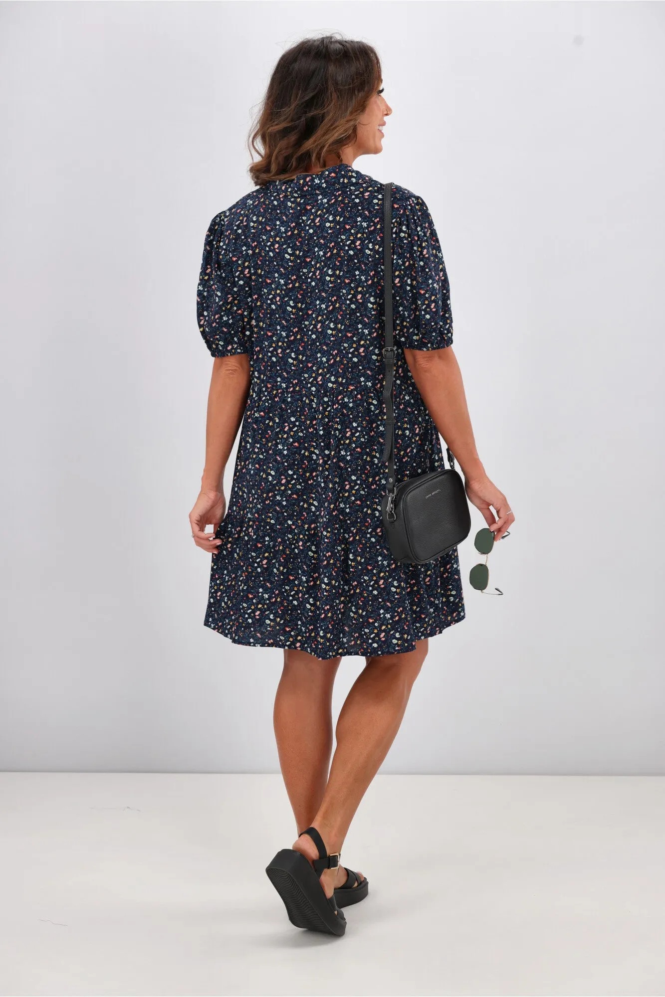 Gloss by Shine On Rebe Button Front Dress Black Ditsy