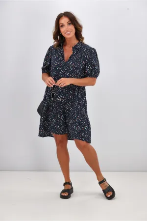 Gloss by Shine On Rebe Button Front Dress Black Ditsy