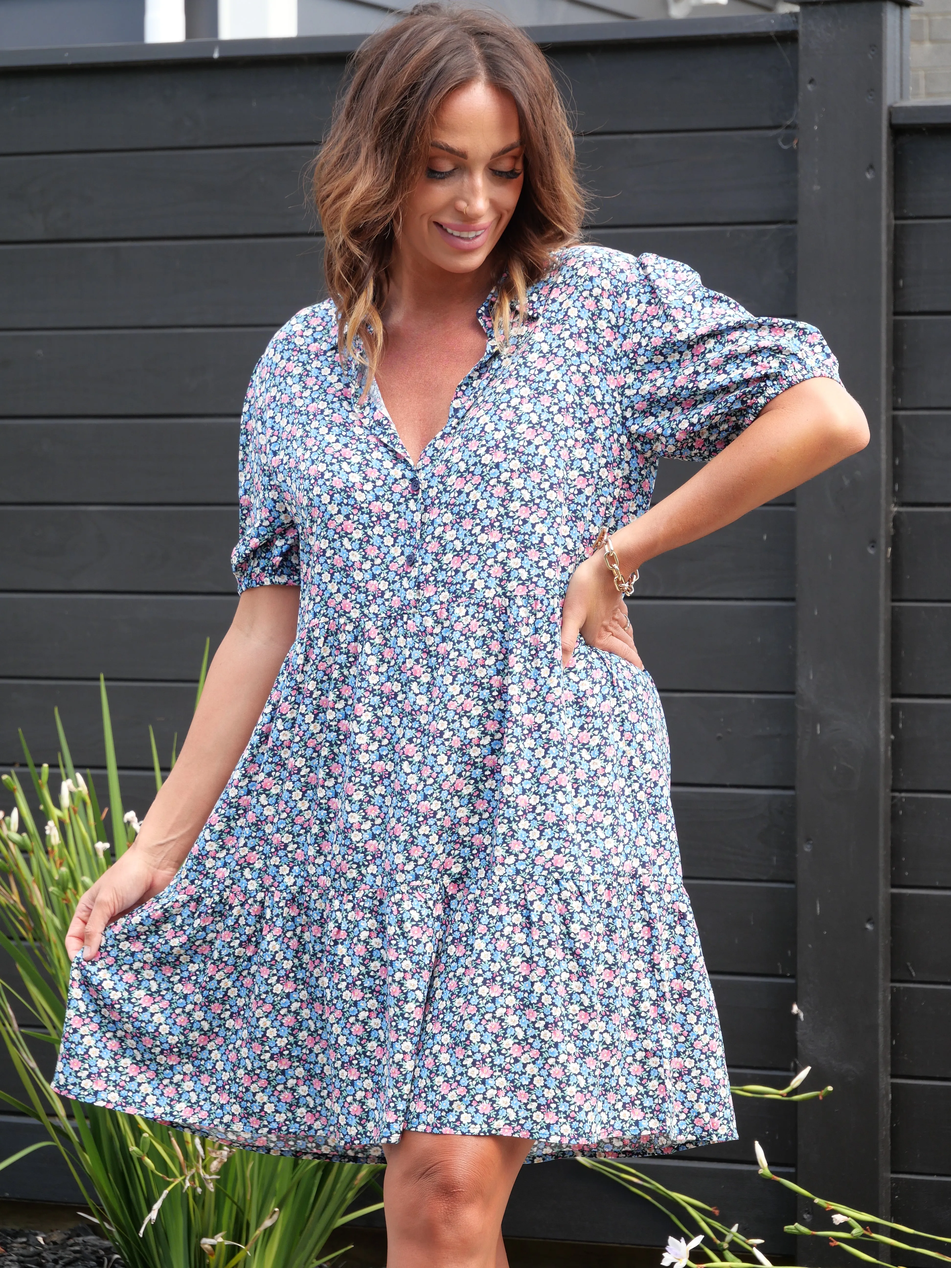 Gloss by Shine On Rebe Button Front Dress Summer Floral Ditsy