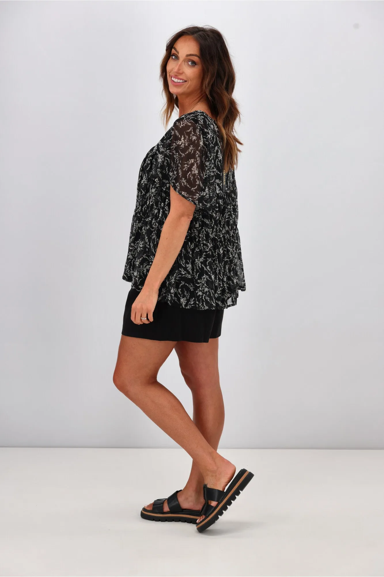 Gloss by Shine On Sade Two Tier Blouse Black Ditsy