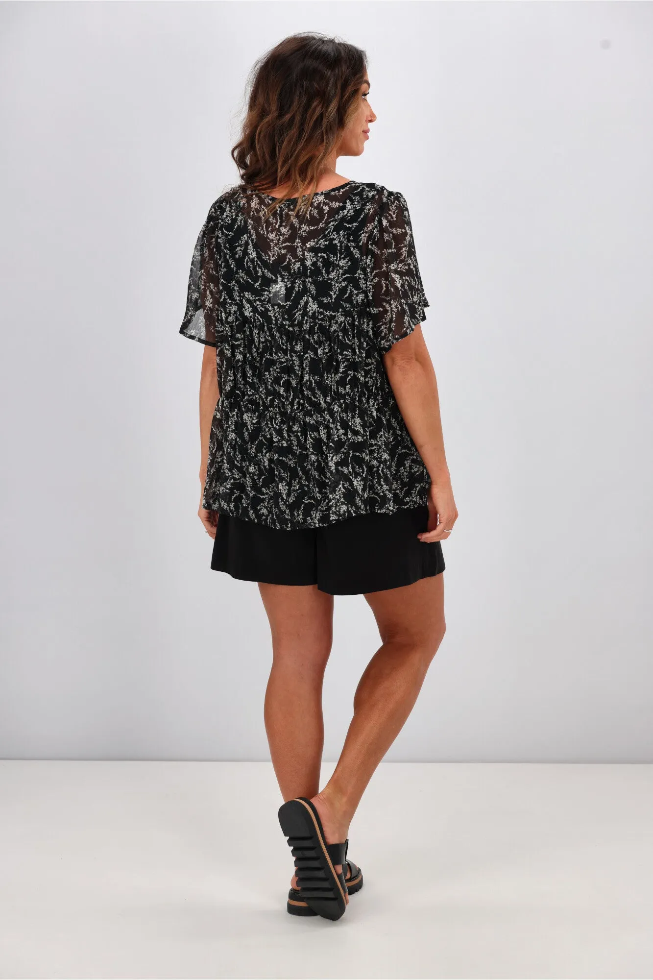 Gloss by Shine On Sade Two Tier Blouse Black Ditsy