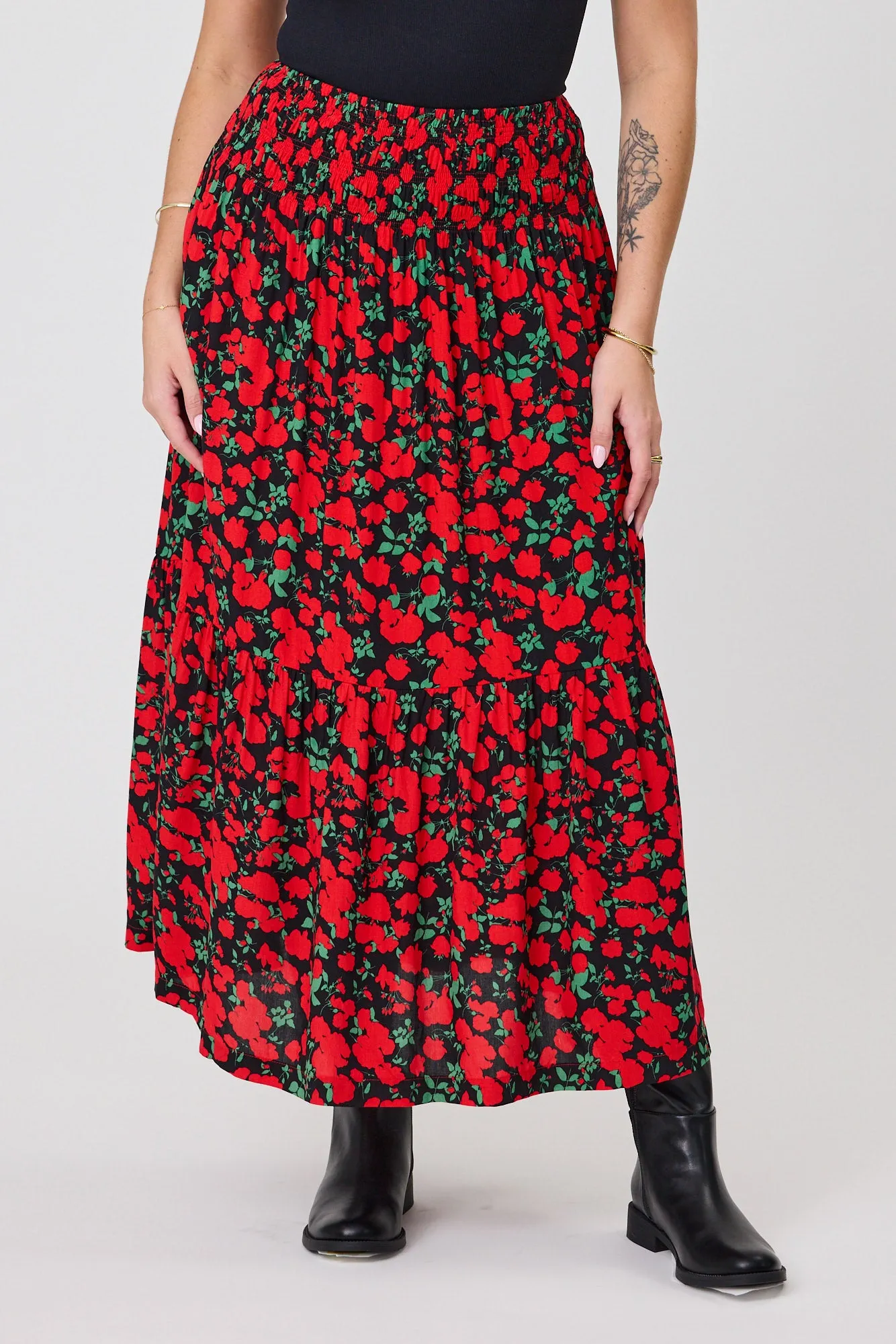 Gloss The Label Afton Maxi Skirt Red Floral