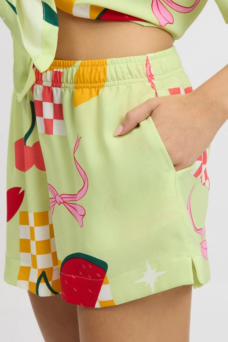 Green Abstract Relaxed Shorts High Rise