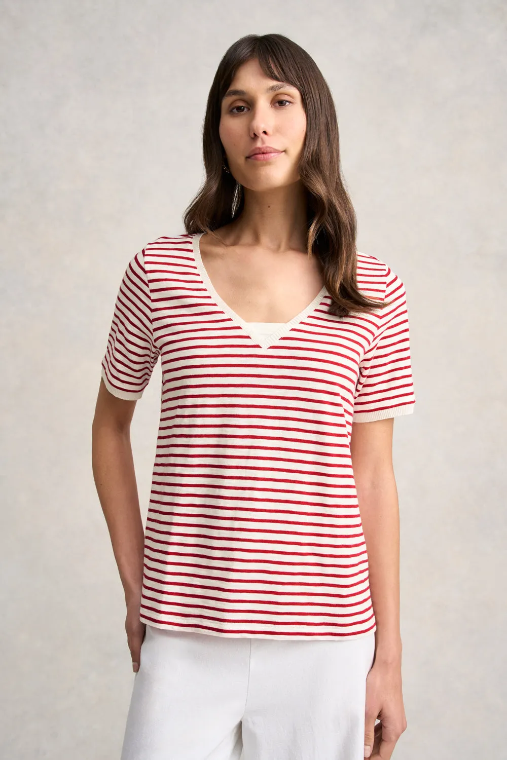 Insert V-Neck Cotton T-Shirt - Rouge & White Stripes