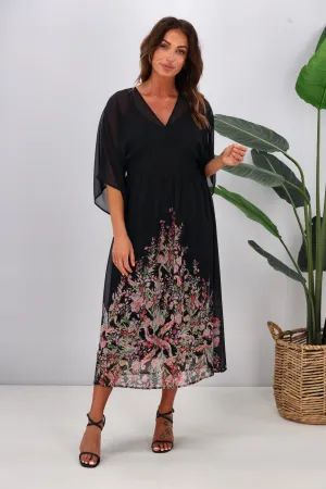 Jane James Mabel Midi Dress Midnight Border Print