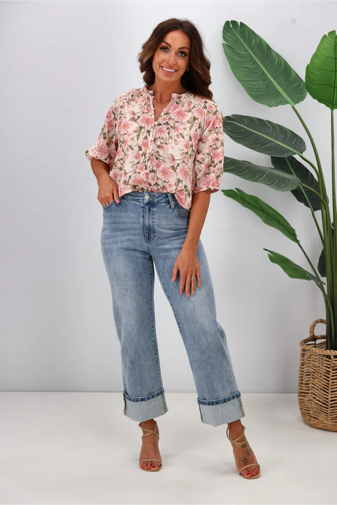 Jane James Stacey Ladder Lace Detail Blouse Pink Floral Print
