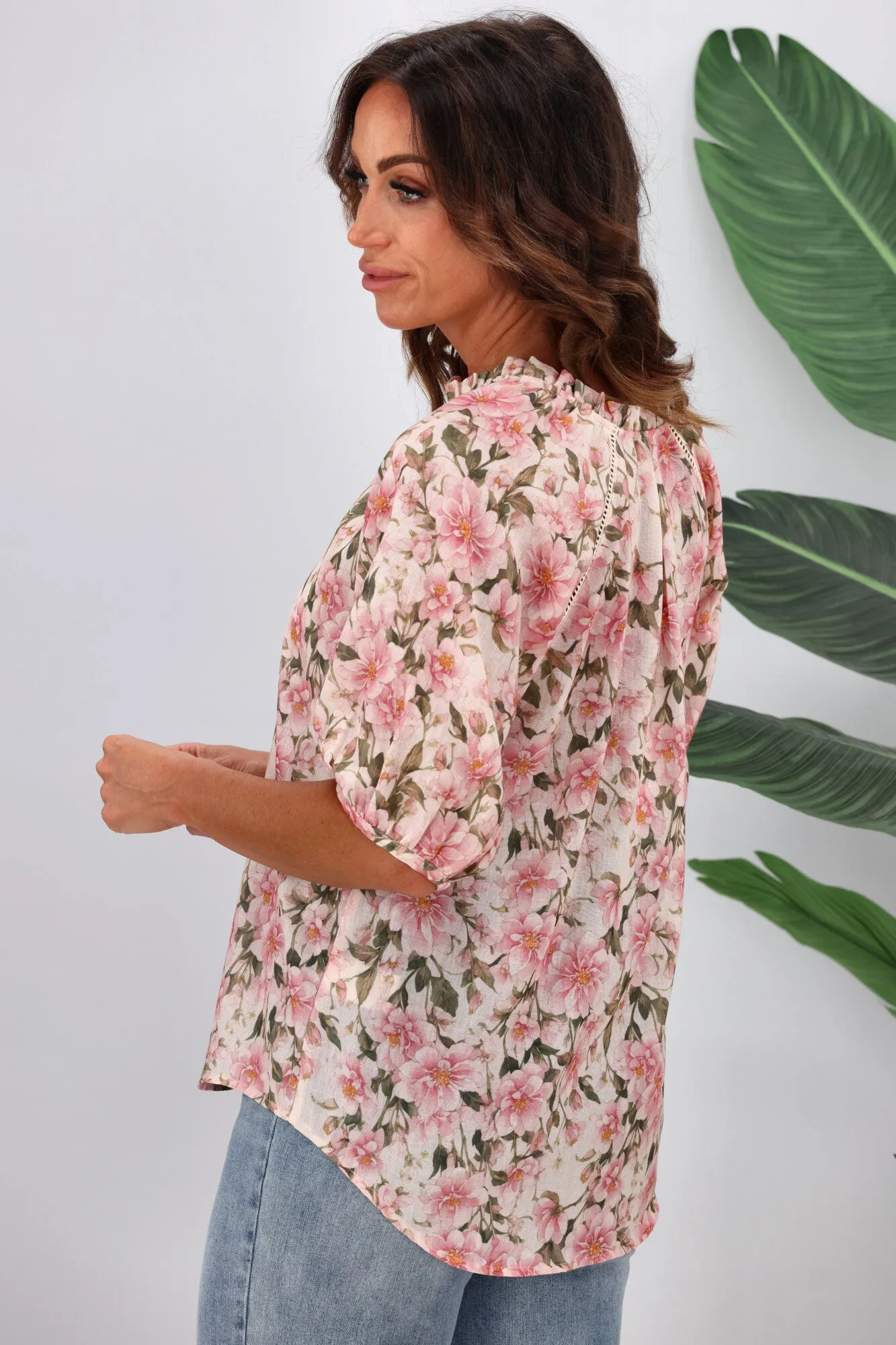 Jane James Stacey Ladder Lace Detail Blouse Pink Floral Print