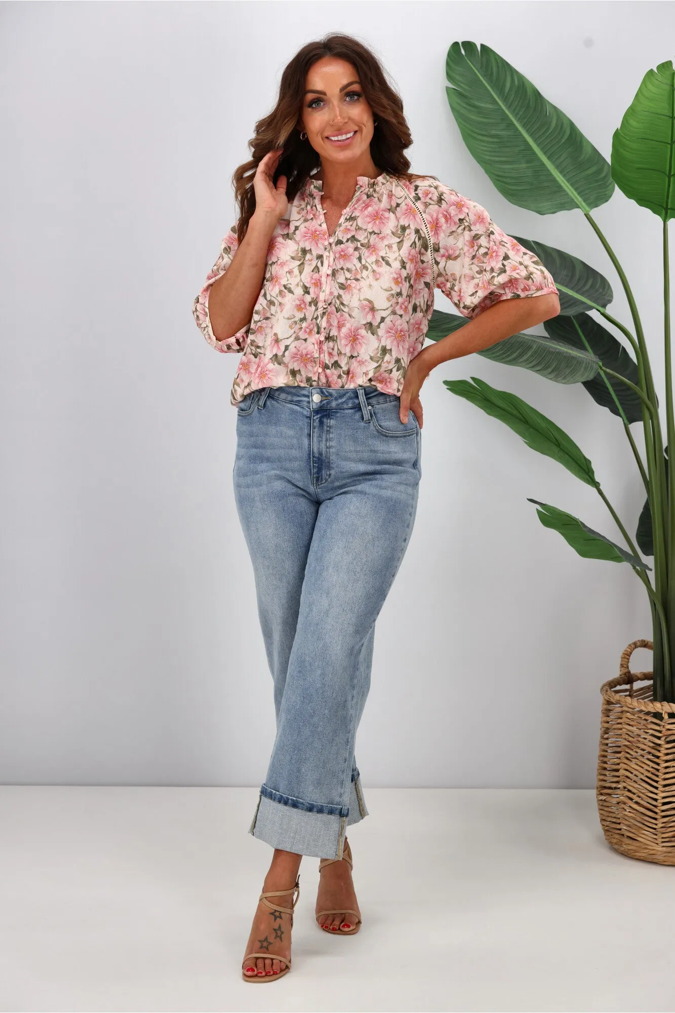 Jane James Stacey Ladder Lace Detail Blouse Pink Floral Print