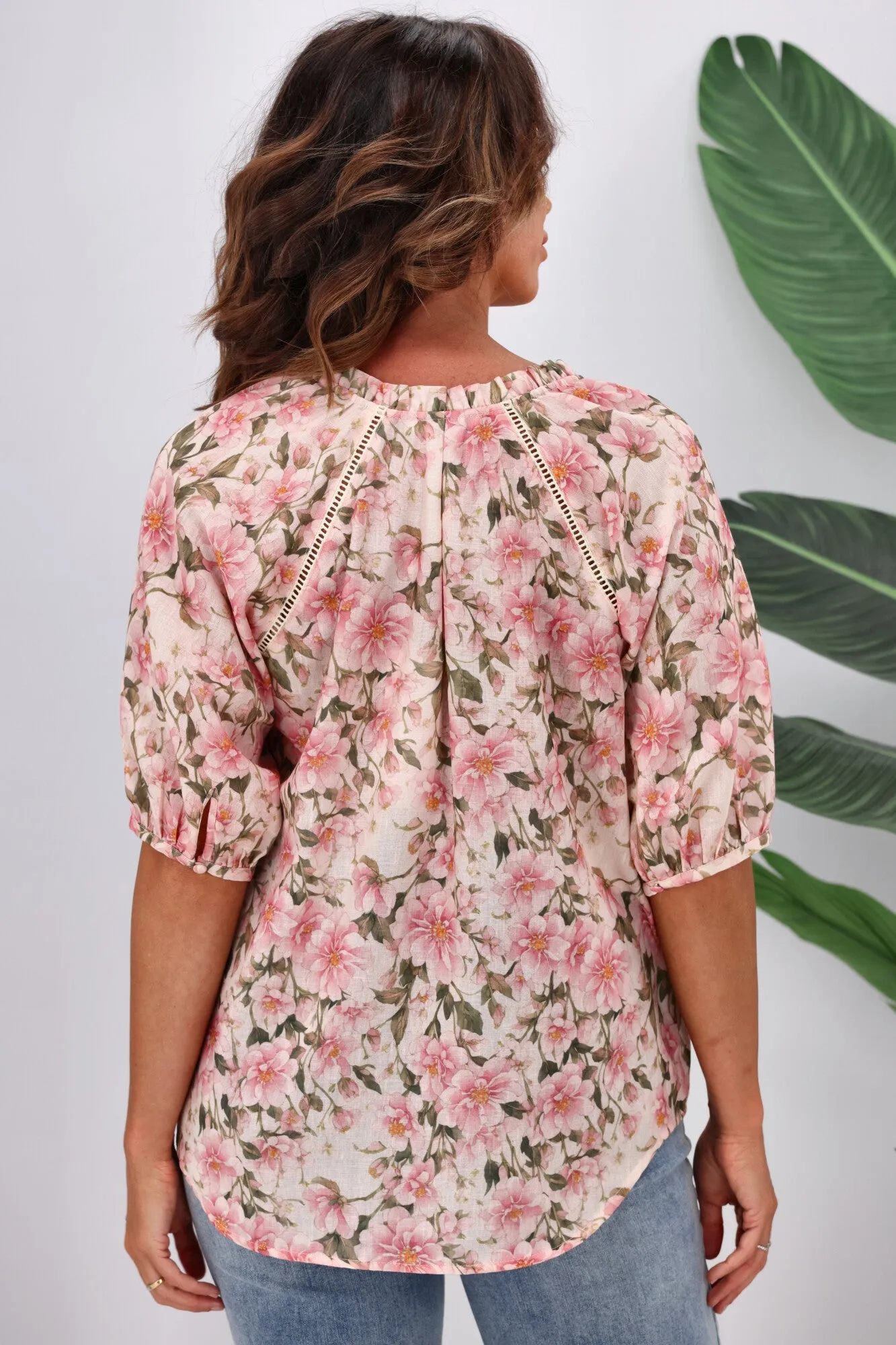 Jane James Stacey Ladder Lace Detail Blouse Pink Floral Print