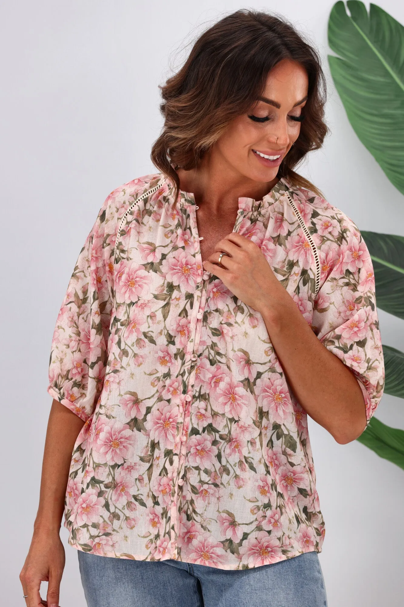 Jane James Stacey Ladder Lace Detail Blouse Pink Floral Print
