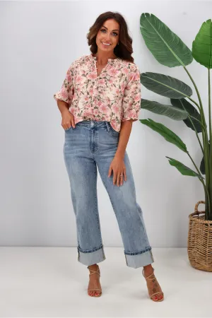 Jane James Stacey Ladder Lace Detail Blouse Pink Floral Print