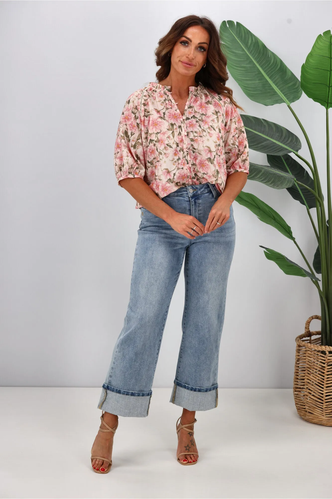 Jane James Stacey Ladder Lace Detail Blouse Pink Floral Print